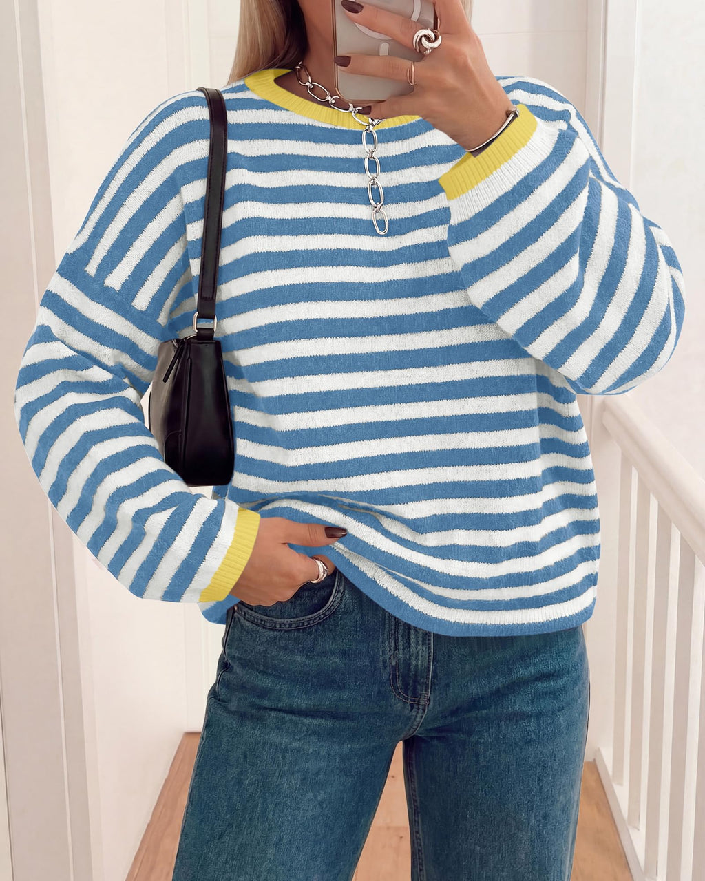 BTFBM Women's Lightweight Oversized Striped Sweater | Soft Knit Cozy Sweaters, Crew Neck Long Sleeve Pullover, y2k Color Block, Casual Holiday Outfits, Winter Fall Clothes