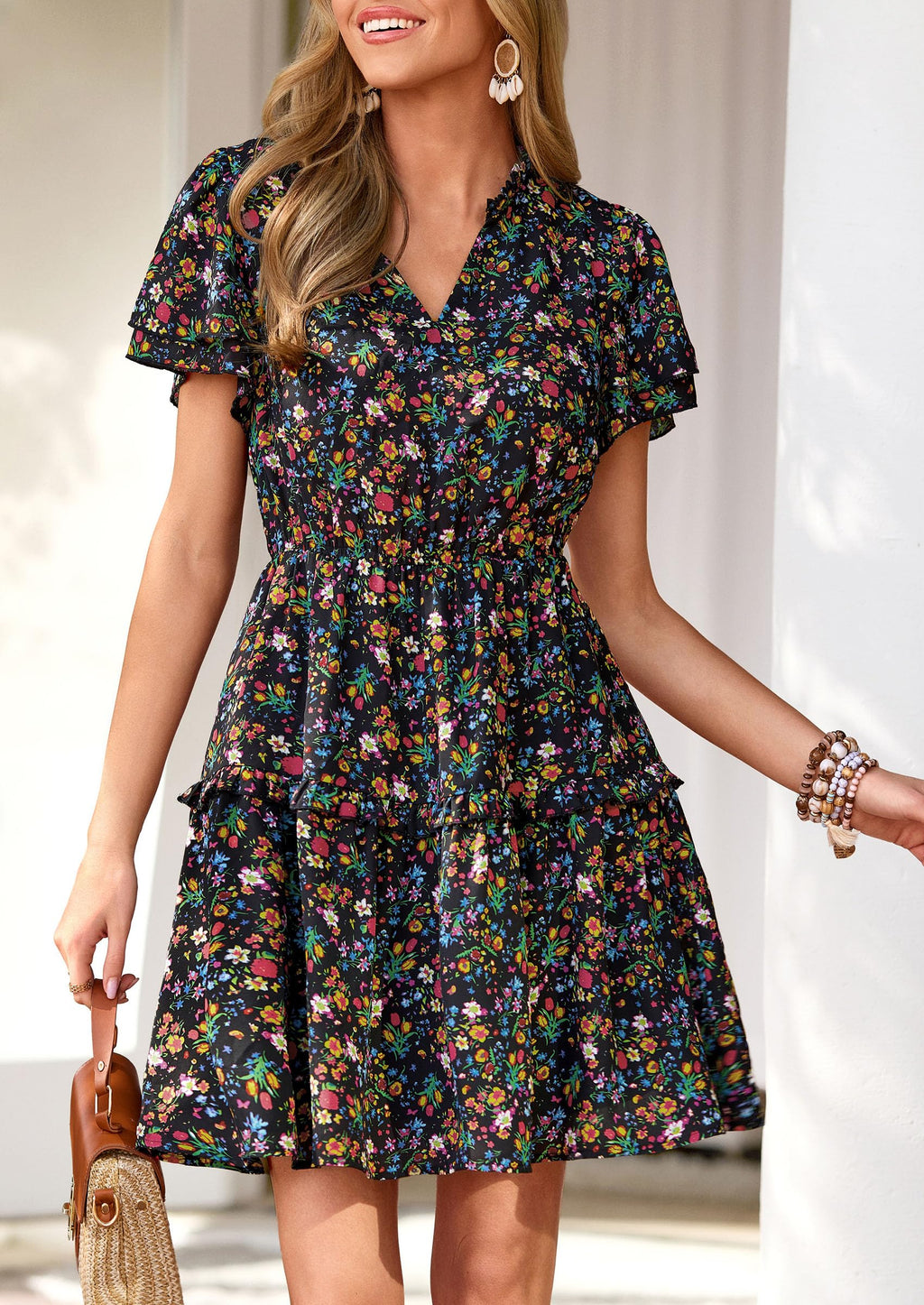 PRETTYGARDEN Womens Summer Floral Mini Dress  Trendy Ruffle Short Sleeve V Neck Flowy A Line Short Beach Dresses