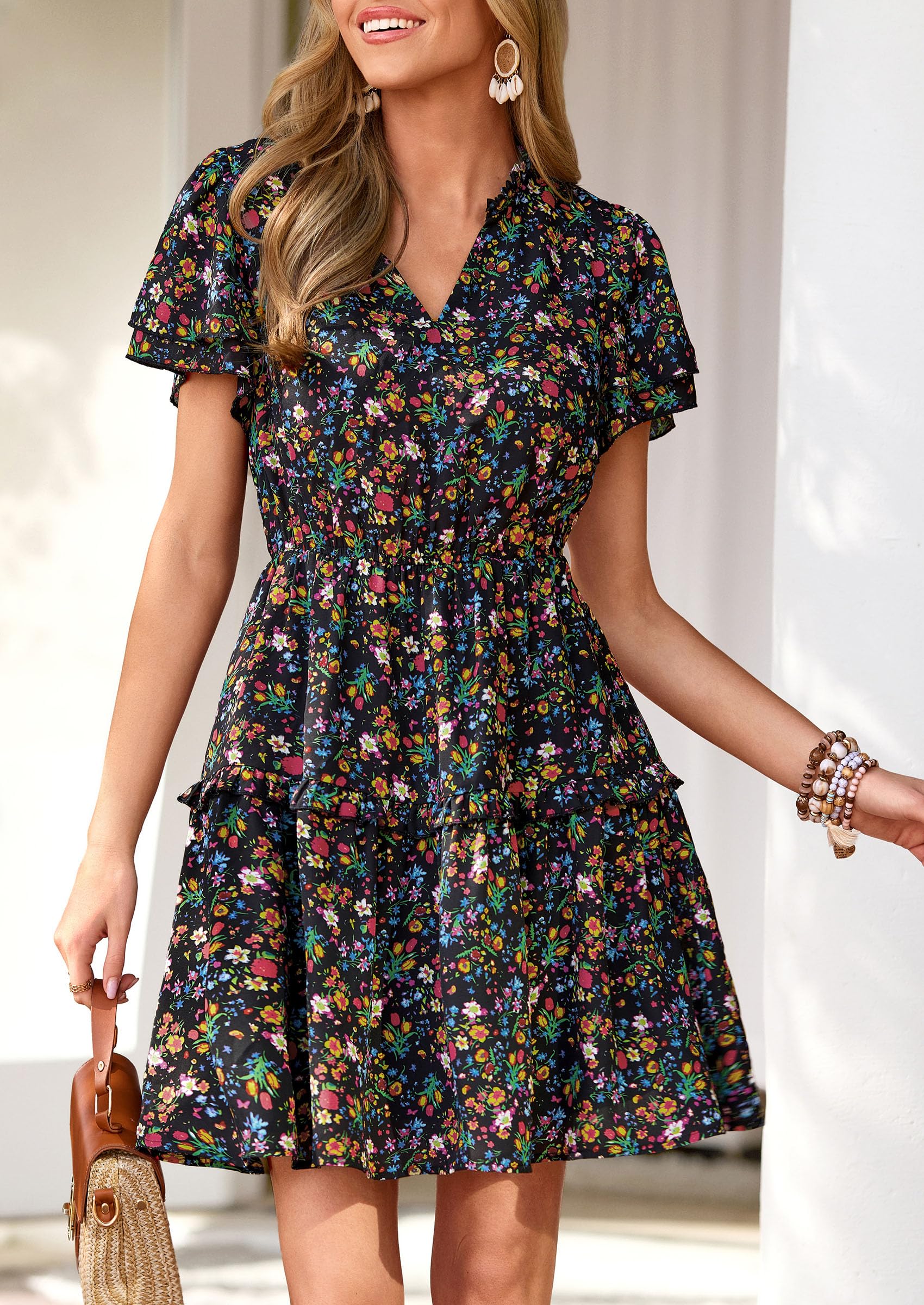 PRETTYGARDEN Womens Summer Floral Mini Dress  Trendy Ruffle Short Sleeve V Neck Flowy A Line Short Beach Dresses