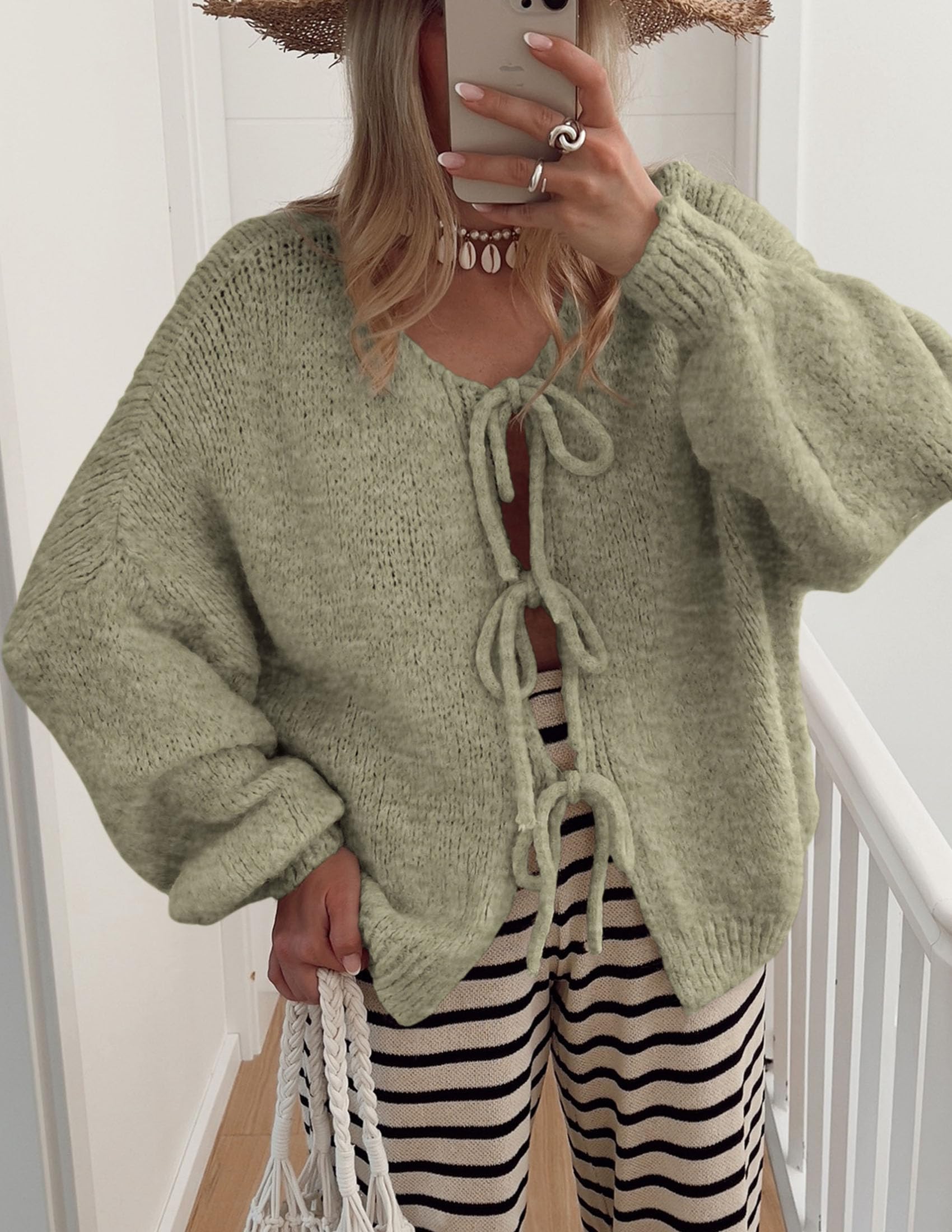 PRETTYGARDEN Women's Tie Front Bow Cardigan Sweaters Chunky Knit Long Puff Sleeve Trendy Fall Winter Jacket Coat