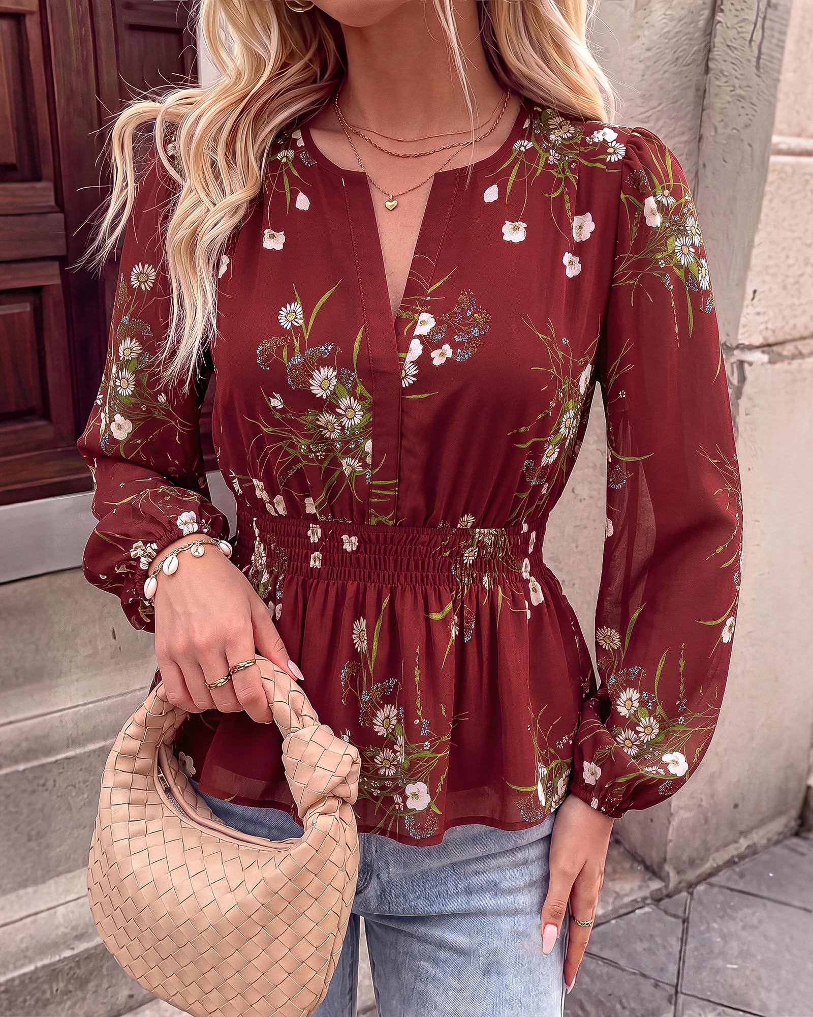 BTFBM Womens Tops Dressy Casual Floral V Neck Long Sleeve Chiffon Shirts | Chiffon Lantern Sleeve Flowy Peplum Sheer Top,Elastic Waist Babydoll Blouses,Boho Vacation Outfits,Fall Fashion Clothing