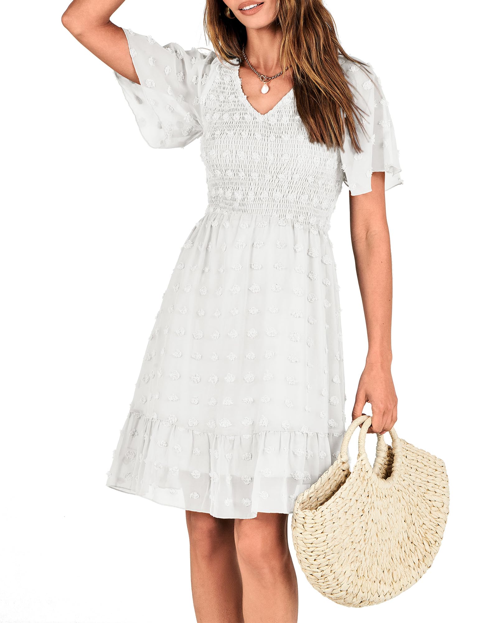FreshPretty Womens Beach Vacation Dress Summer V Neck Short Sleeve Smocked Swiss Dot Cute Ruffle Casual Fall Mini Dresses