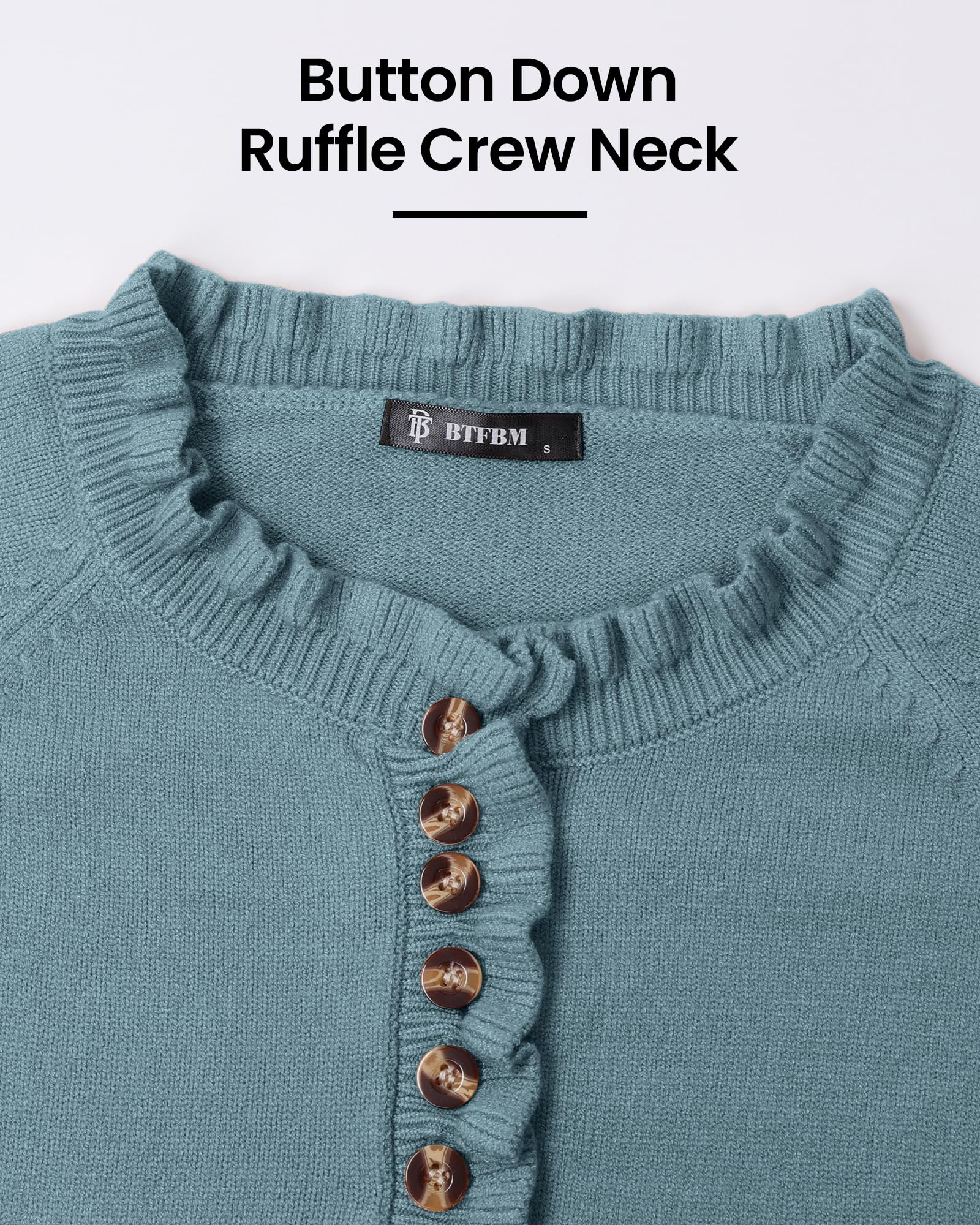 FreshPretty Womens Sweaters Fall Winter Clothes Long Sleeve Button Down Ruffle Crew Neck Casual Knitted Pullover Tops