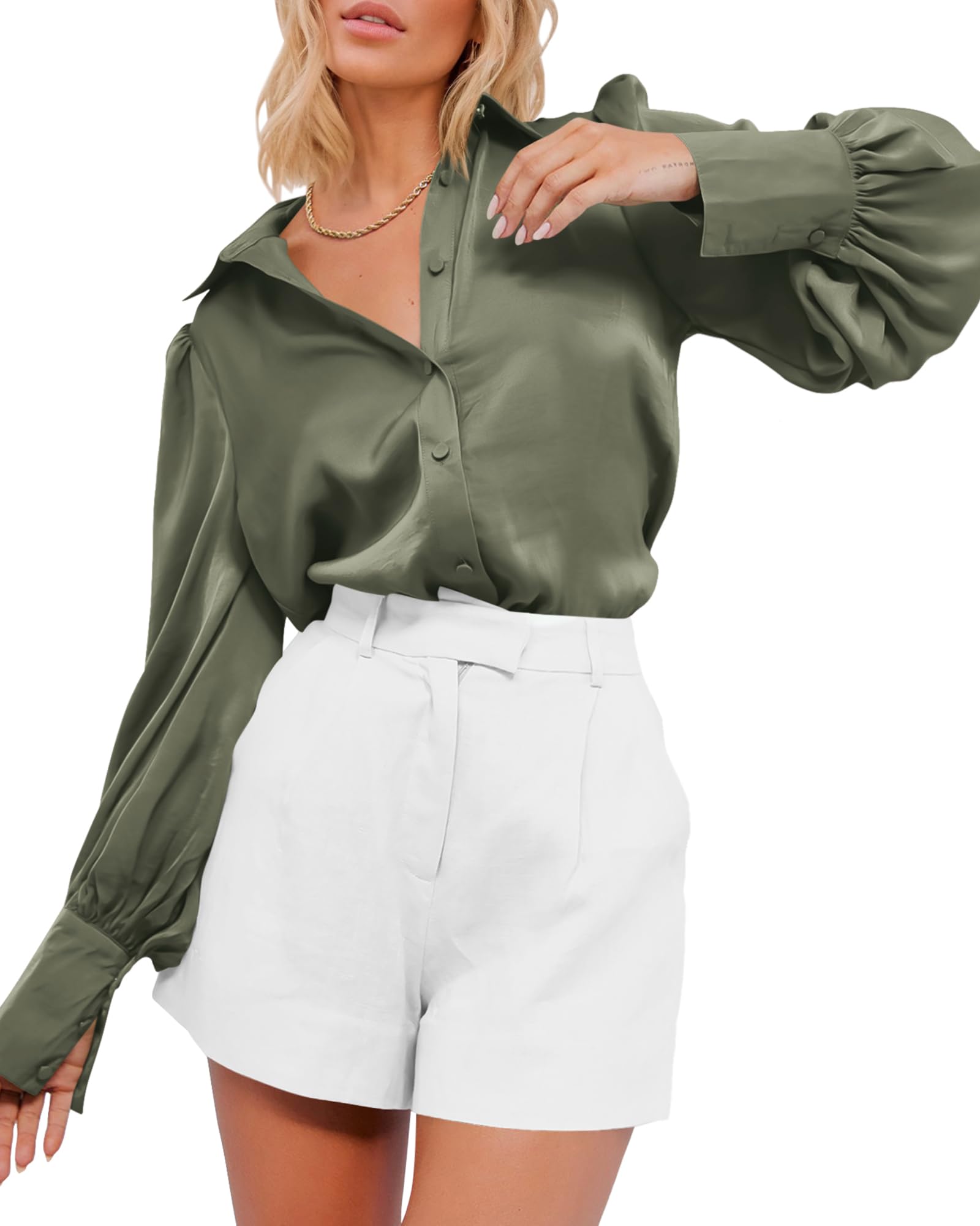 BTFBM Women Satin Blouses Summer Fall Clothes Button Down Lantern Long Sleeve Shirts Work Business Casual Dressy Tops
