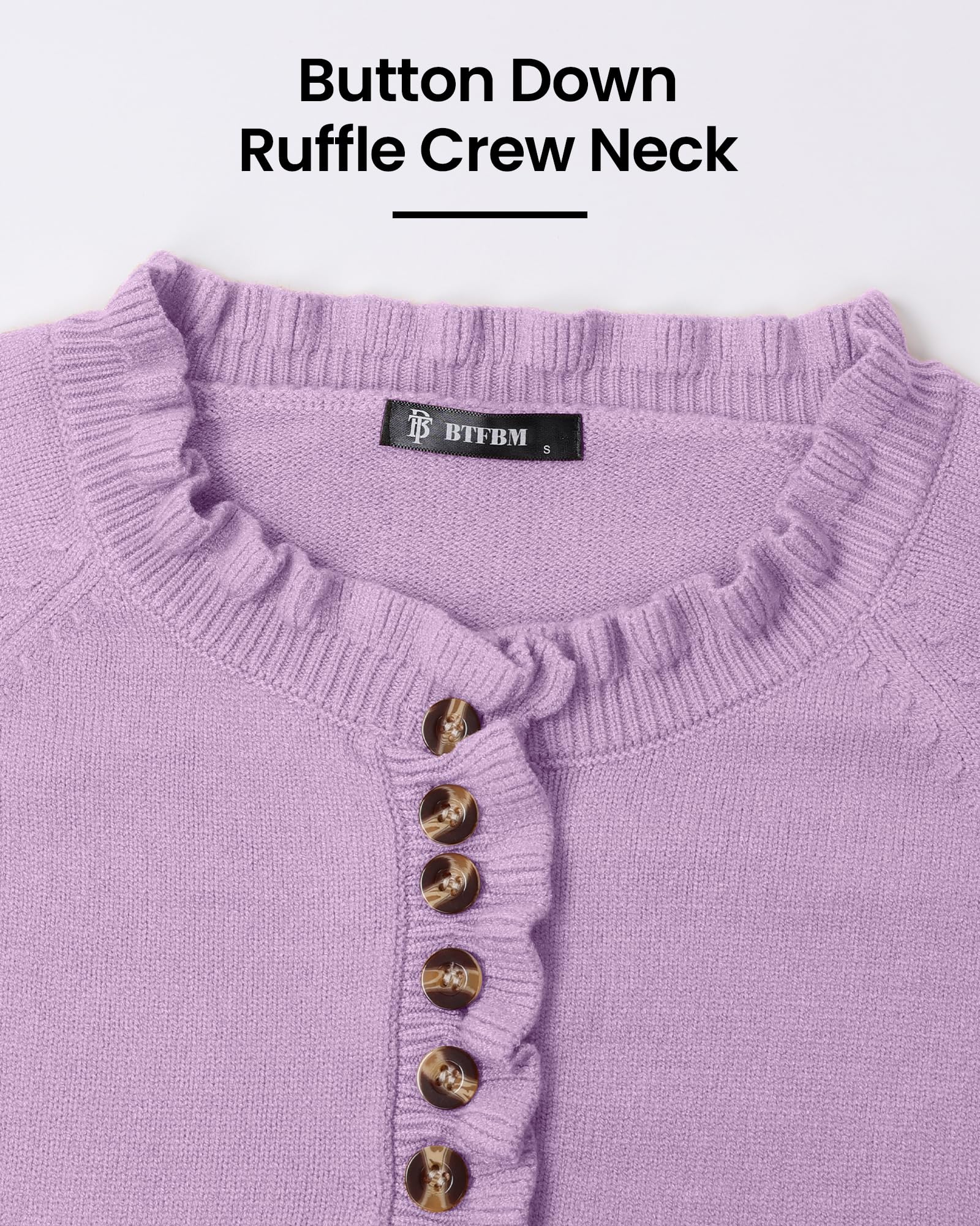 FreshPretty Womens Sweaters Fall Winter Clothes Long Sleeve Button Down Ruffle Crew Neck Casual Knitted Pullover Tops