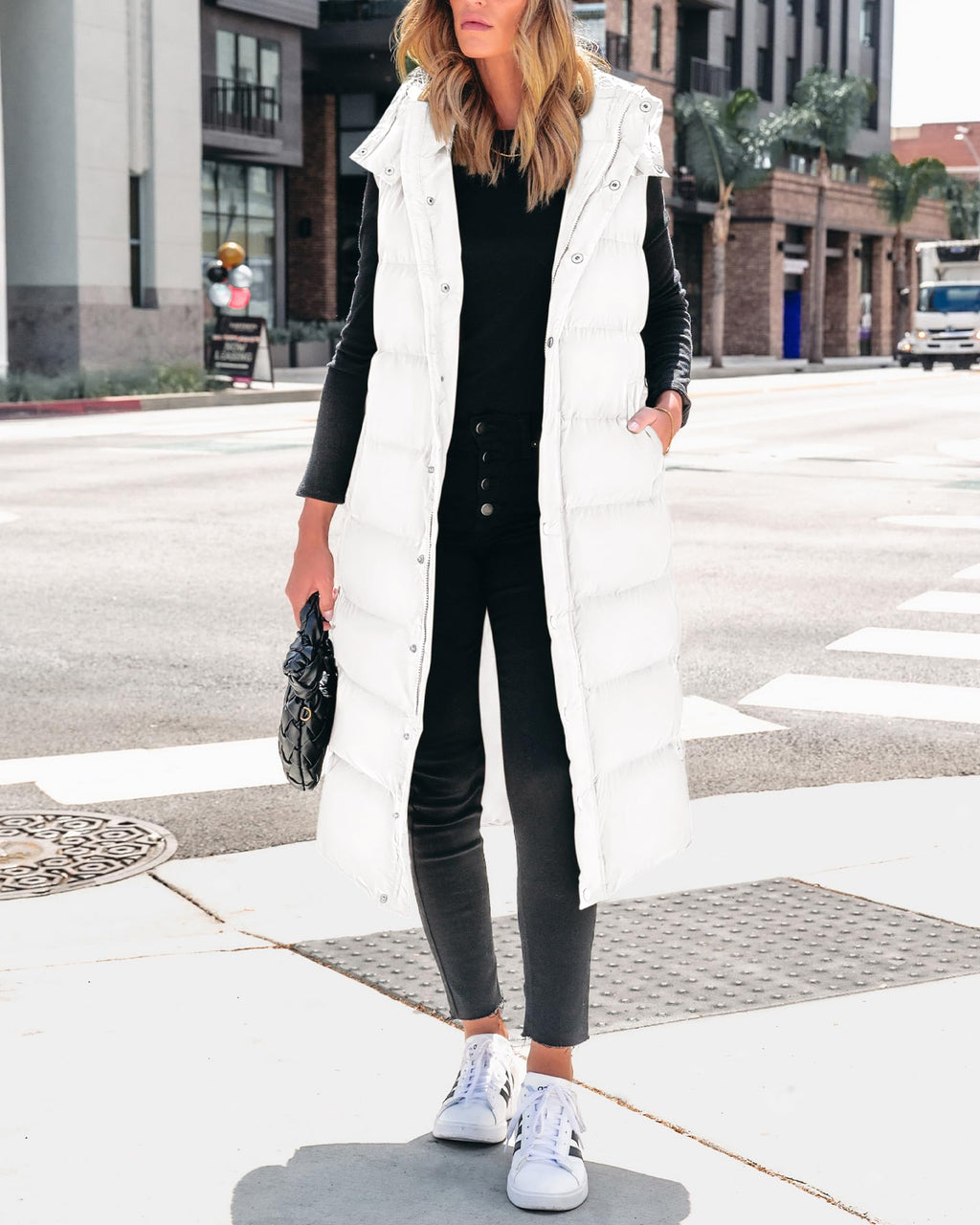 FreshPretty Long Puffer Vest Women Quilted Hooded Button Down Zip Up Sleeveless Vests Outerwear Padded Jacket Fall Winter Coat