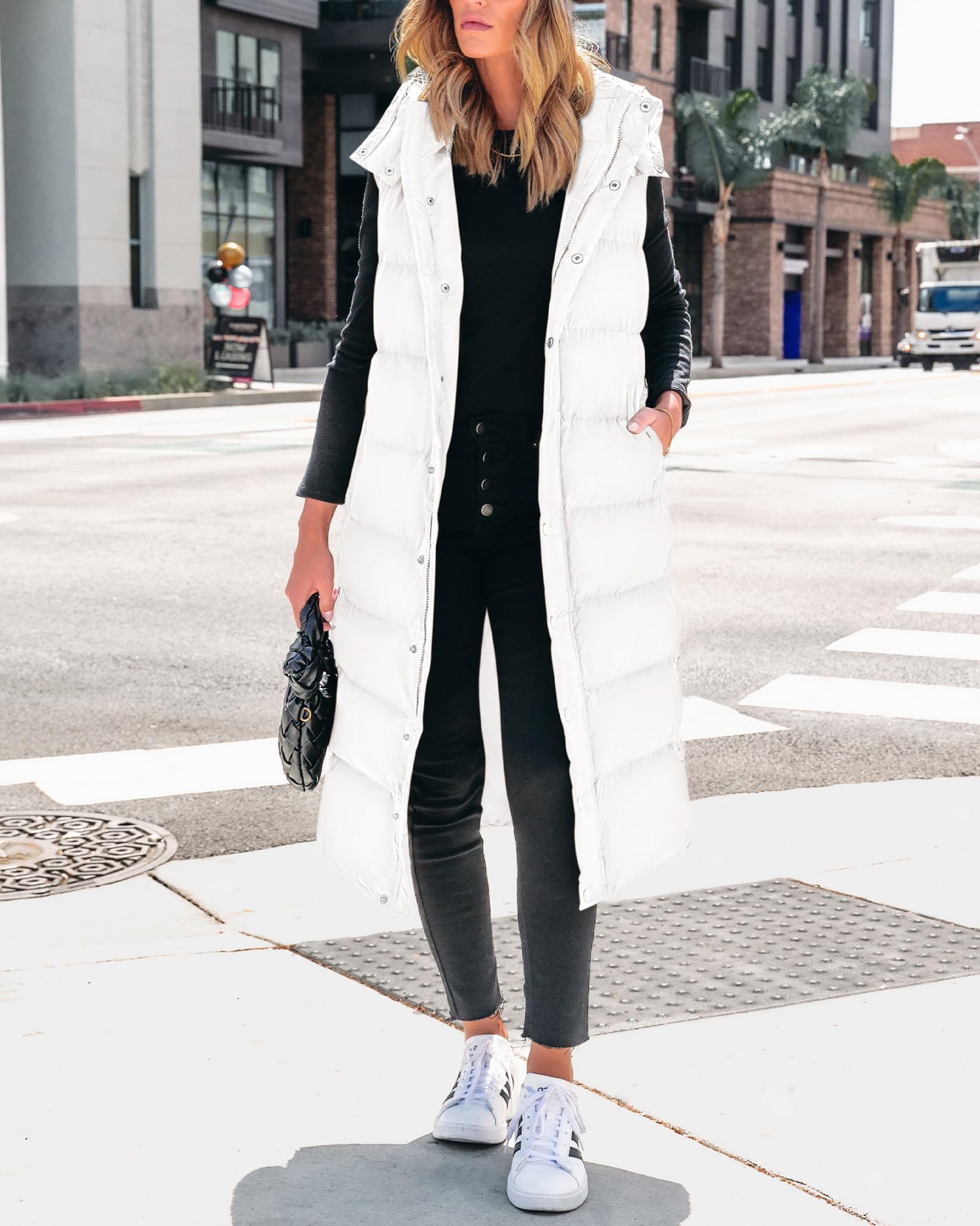 FreshPretty Long Puffer Vest Women Quilted Hooded Button Down Zip Up Sleeveless Vests Outerwear Padded Jacket Fall Winter Coat