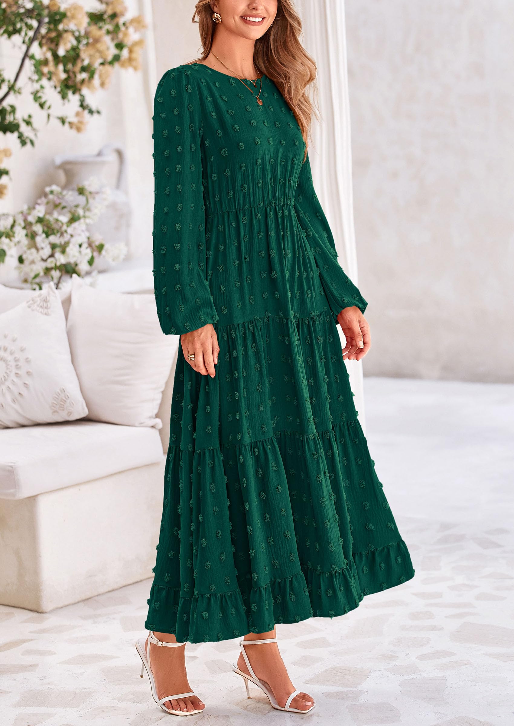 PRETTYGARDEN Women's Fall Spring Elegant Long Sleeve Maxi Dress Swiss Dot A Line Flowy Casual Holiday Party Going Out Dresses