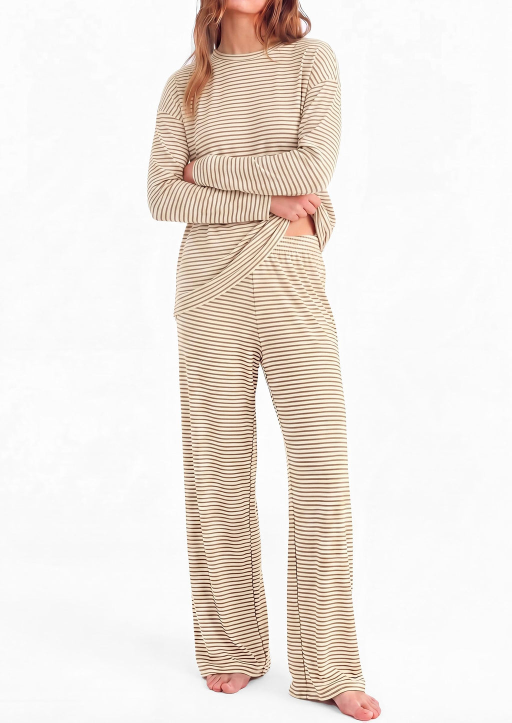 PRETTYGARDEN Womens Striped Lounge Set Fall Winter 2 Piece Sets Side Slit Long Sleeve T-Shirts & Wide Leg Pants, Matching Pajama Sets, Comfy Pj Set, Loungewear with Pockets, Fashion Clothes