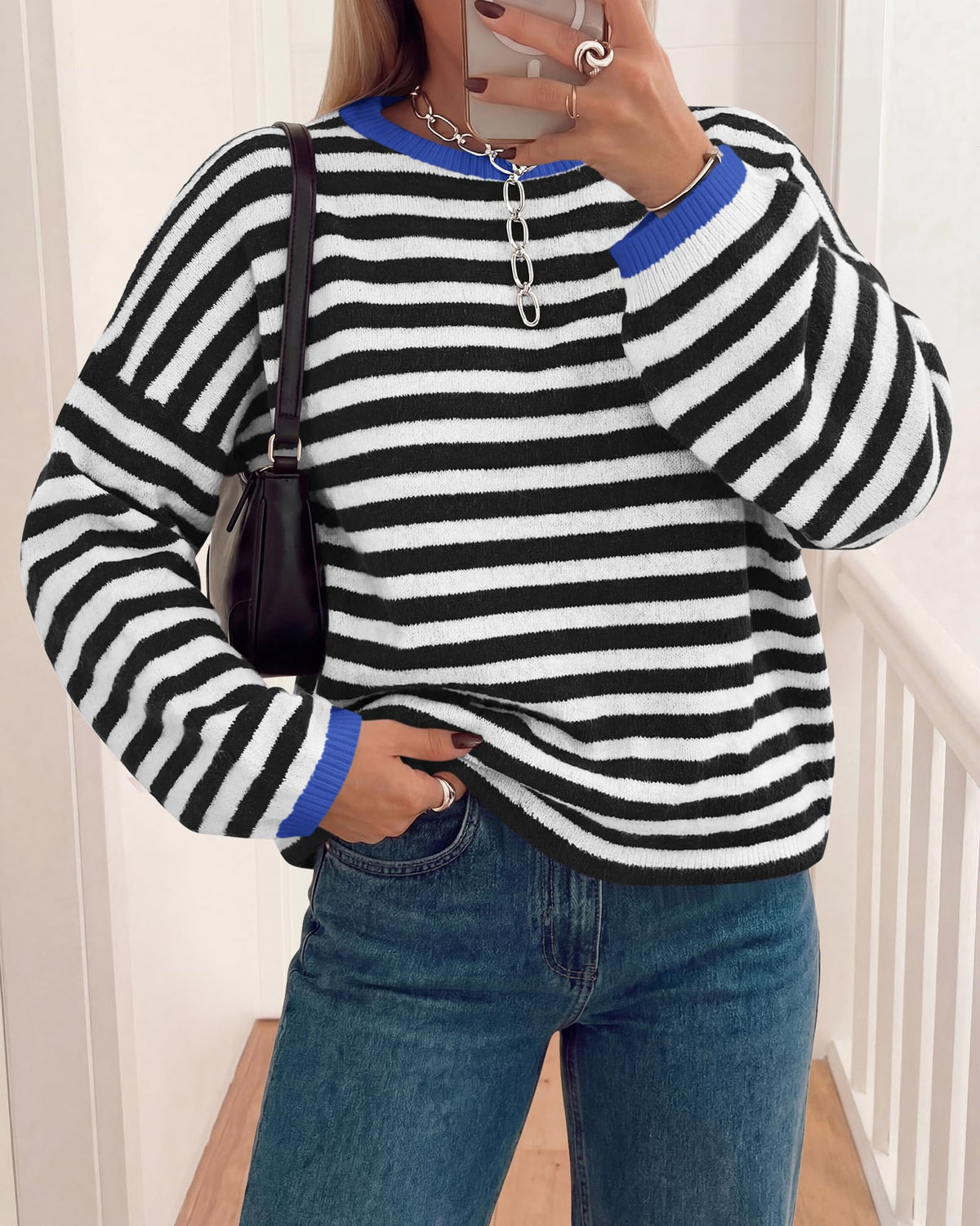 BTFBM Women's Lightweight Oversized Striped Sweater | Soft Knit Cozy Sweaters, Crew Neck Long Sleeve Pullover, y2k Color Block, Casual Holiday Outfits, Winter Fall Clothes