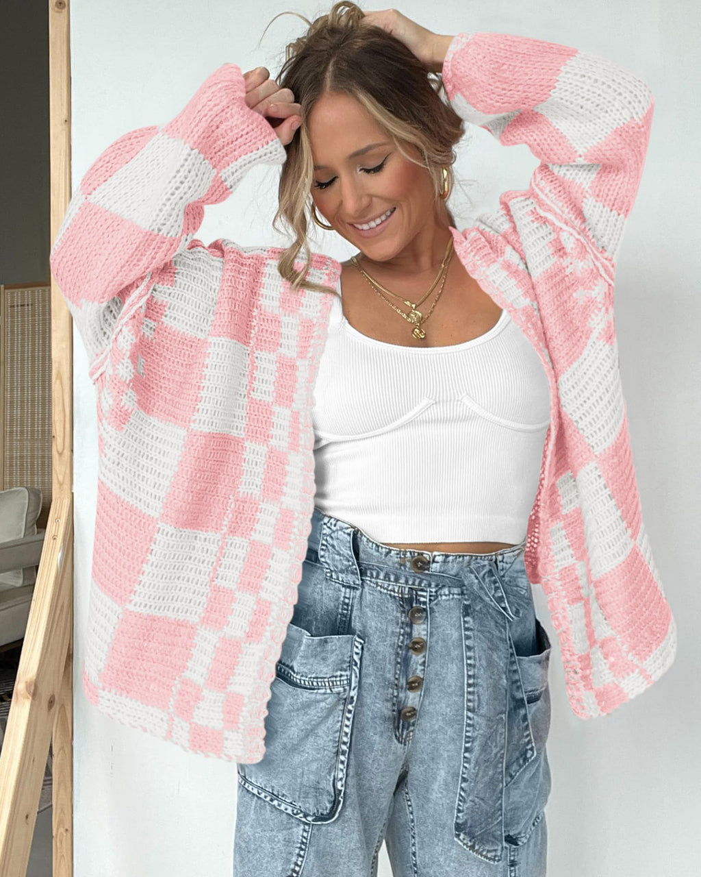 BTFBM Casual Cardigan Sweater for Women Fall Long Sleeve Sweaters Fall Outfits, Loose Fit,Solid,Open Front Chunky Knit Sweaters,Chunky Cardigan Sweaters For Women,Checkered Outwear Coat