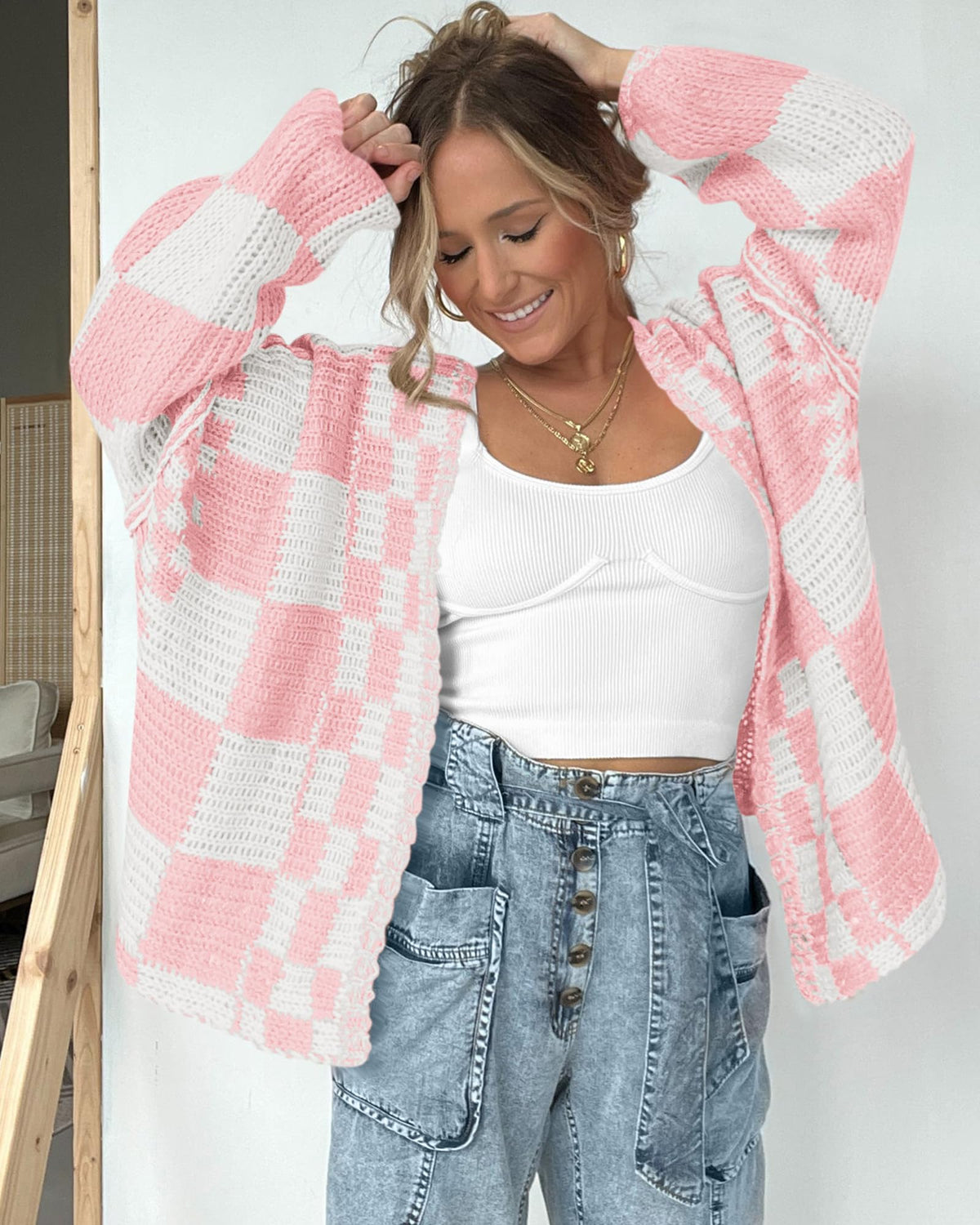 BTFBM Casual Cardigan Sweater for Women Fall Long Sleeve Sweaters Fall Outfits, Loose Fit,Solid,Open Front Chunky Knit Sweaters,Chunky Cardigan Sweaters For Women,Checkered Outwear Coat