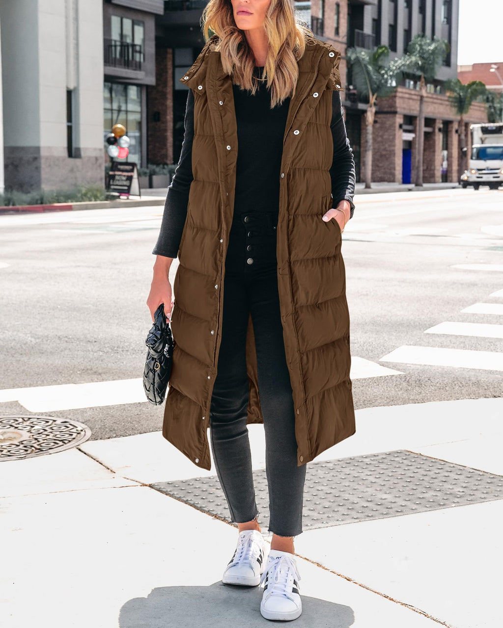 FreshPretty Long Puffer Vest Women Quilted Hooded Button Down Zip Up Sleeveless Vests Outerwear Padded Jacket Fall Winter Coat