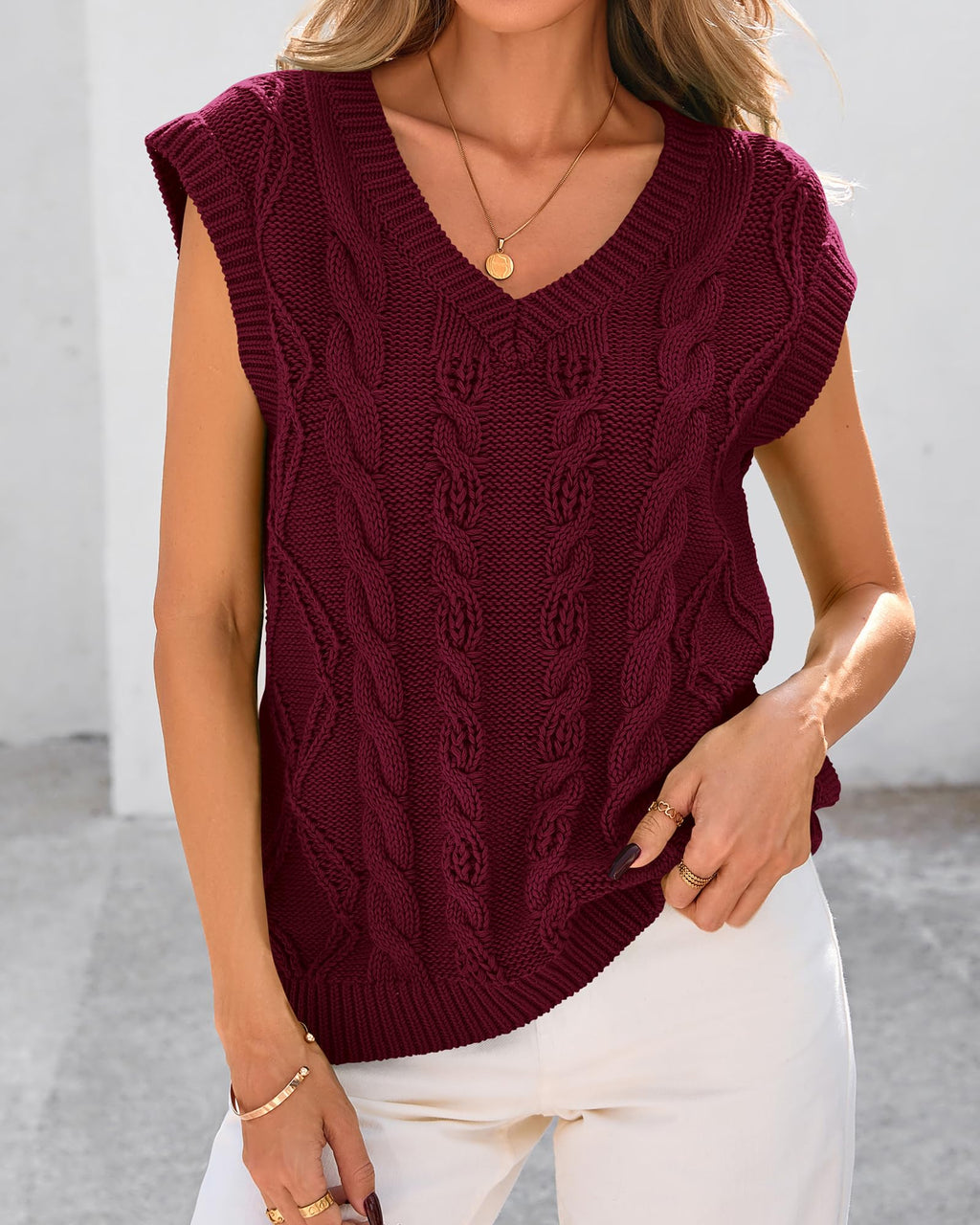 FreshPretty Sweater Vest Women Oversized V Neck Cable Knit Casual Pullover Sweaters Fall Outfits Sleeveless Tops