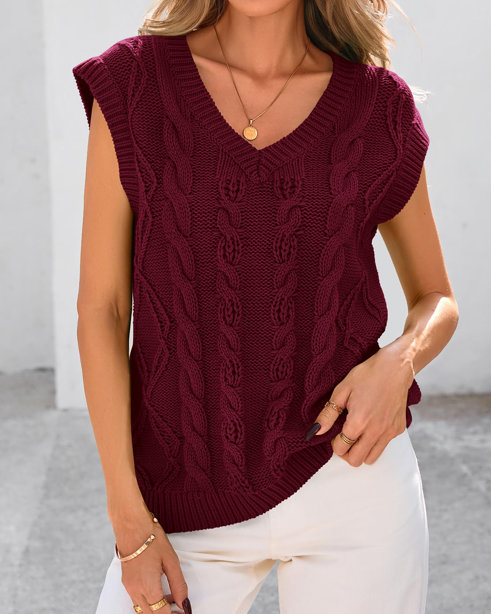 FreshPretty Sweater Vest Women Oversized V Neck Cable Knit Casual Pullover Sweaters Fall Outfits Sleeveless Tops