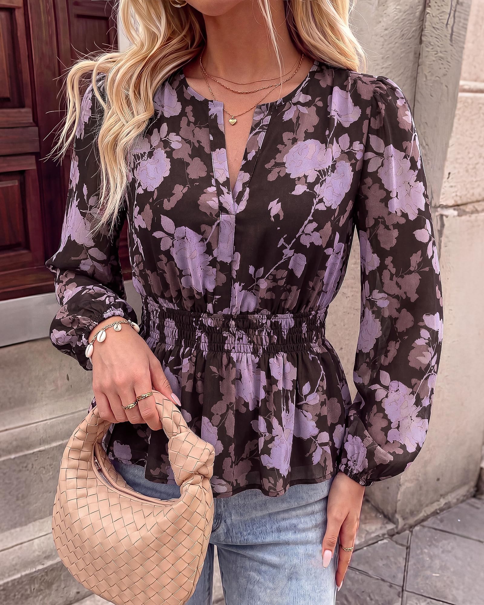 BTFBM Womens Tops Dressy Casual Floral V Neck Long Sleeve Chiffon Shirts | Chiffon Lantern Sleeve Flowy Peplum Sheer Top,Elastic Waist Babydoll Blouses,Boho Vacation Outfits,Fall Fashion Clothing