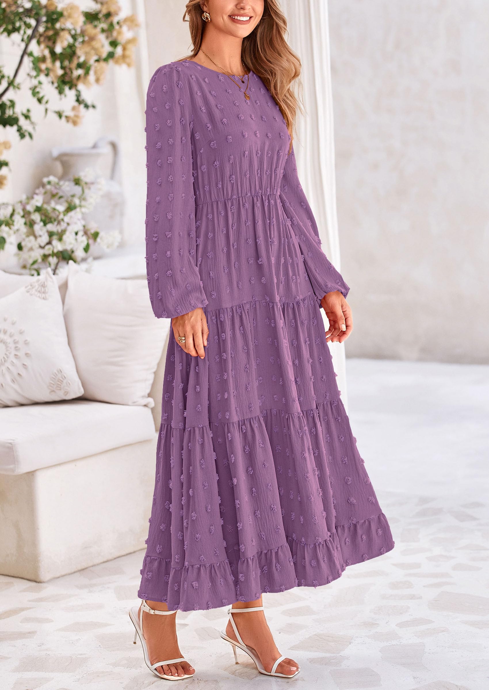 PRETTYGARDEN Women's Fall Spring Elegant Long Sleeve Maxi Dress Swiss Dot A Line Flowy Casual Holiday Party Going Out Dresses