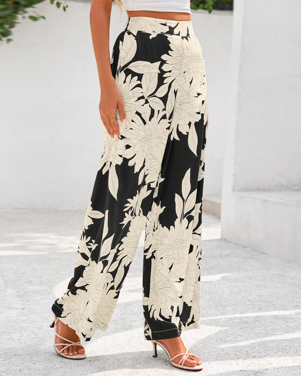 FreshPretty Womens Wide Leg Summer Pants Boho Beach Vacation Loose Elastic Waist Printed Palazzo Pant Pockets