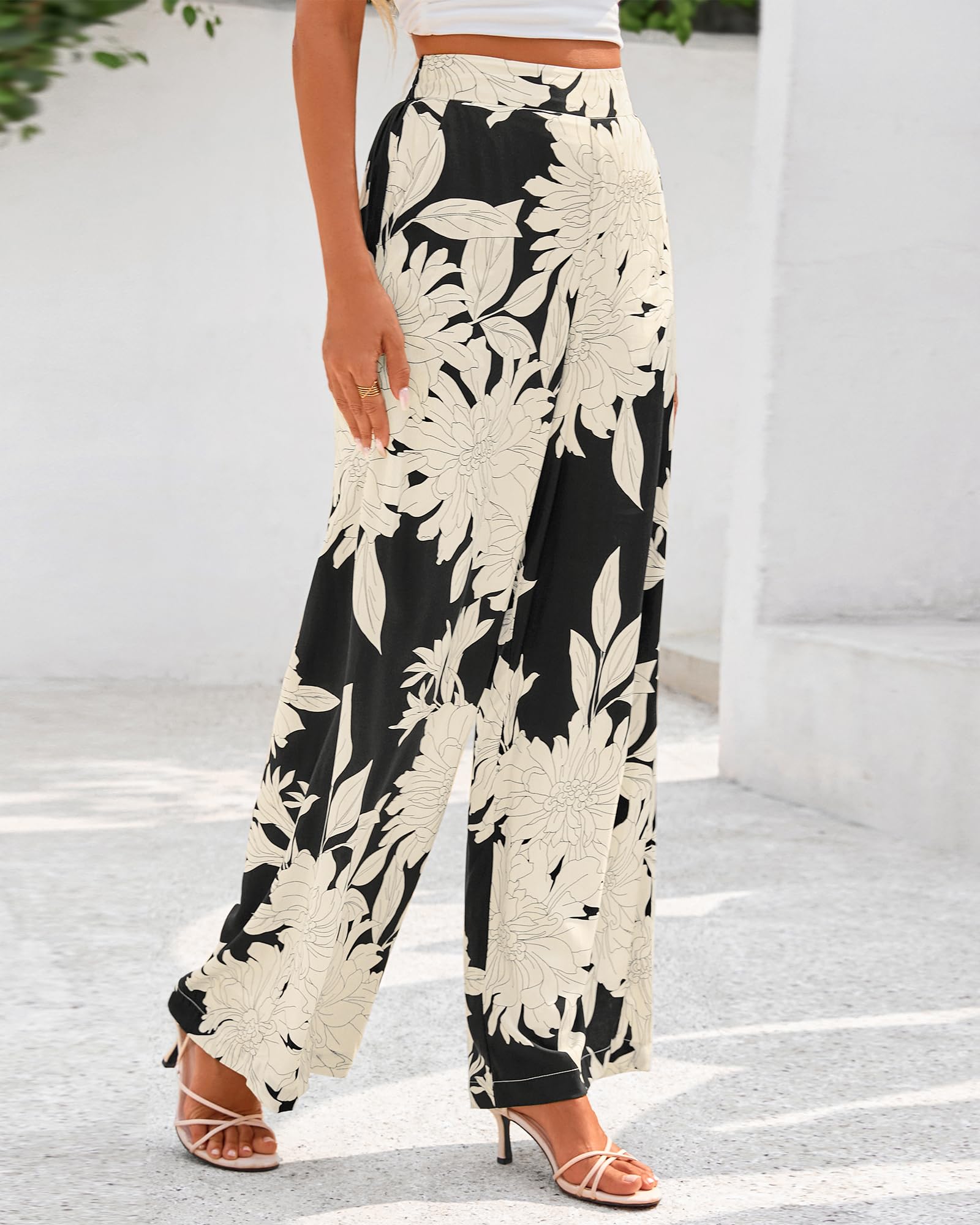 FreshPretty Womens Wide Leg Summer Pants Boho Beach Vacation Loose Elastic Waist Printed Palazzo Pant Pockets