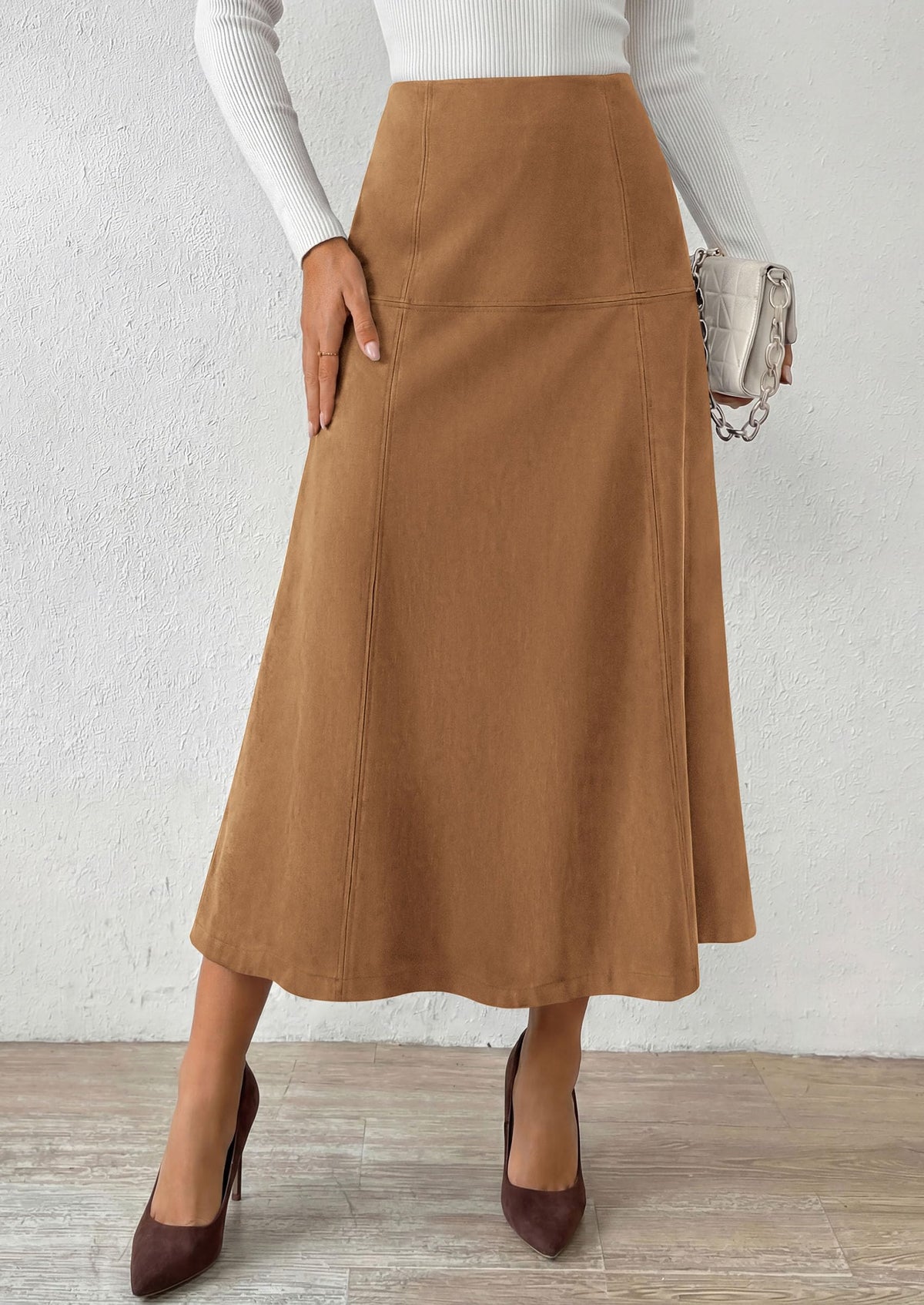 PRETTYGARDEN Womens High Waist Faux Suede A Line Midi Skirt | Hidden Stretch Elastic Waist, Front Back Panel Stitching, Vintage Elegant Mid-Calf Long Skirts for Fall Winter Office Daily