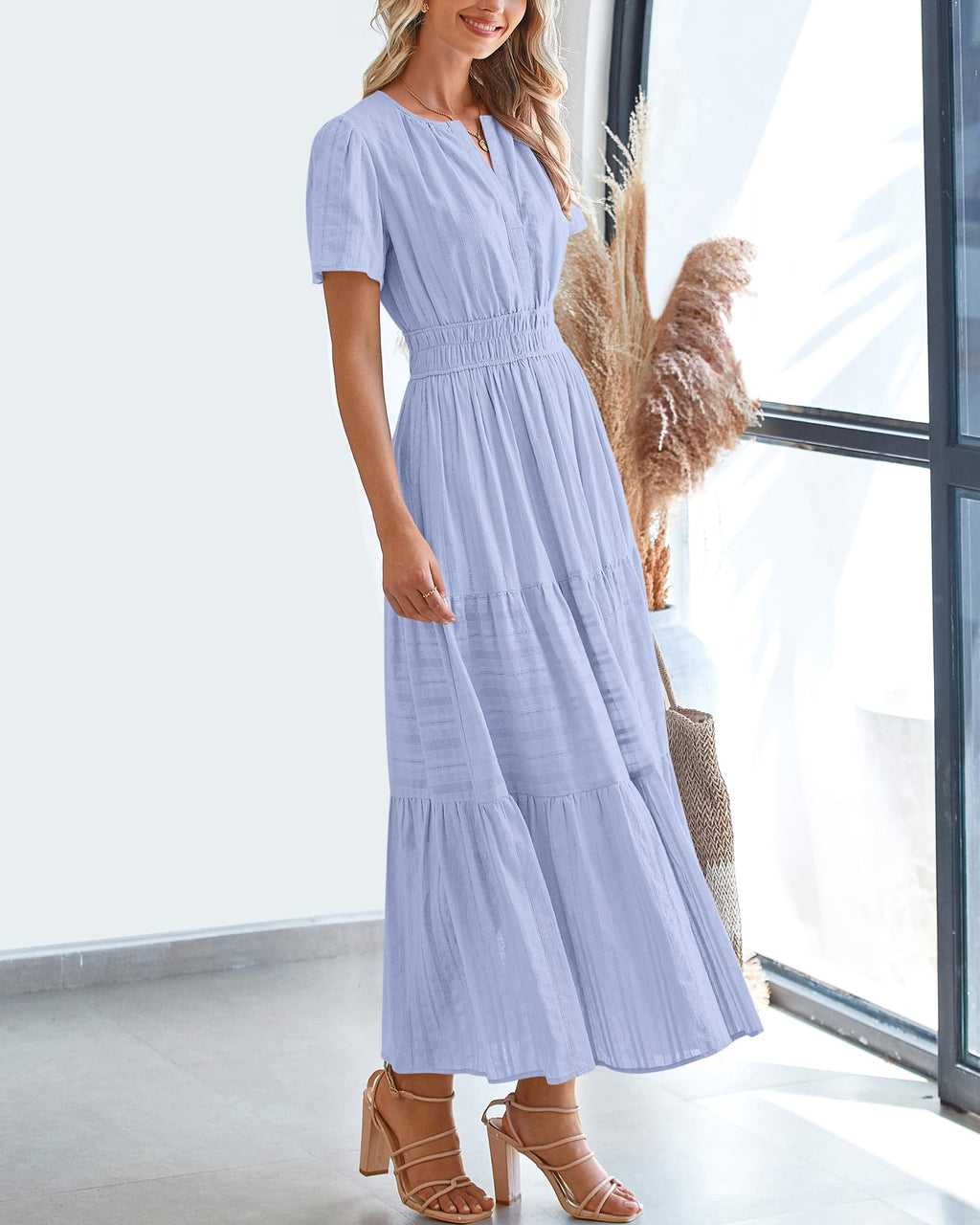 FreshPretty Womens Summer Casual Midi Maxi Dresses Lightweight Short Sleeve V Neck Elastic Waist Boho Beach Dress Pockets