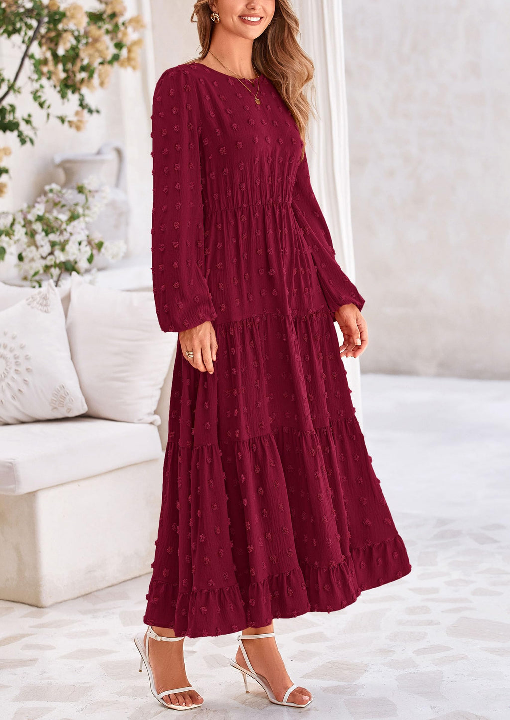 PRETTYGARDEN Women's Fall Spring Elegant Long Sleeve Maxi Dress Swiss Dot A Line Flowy Casual Holiday Party Going Out Dresses