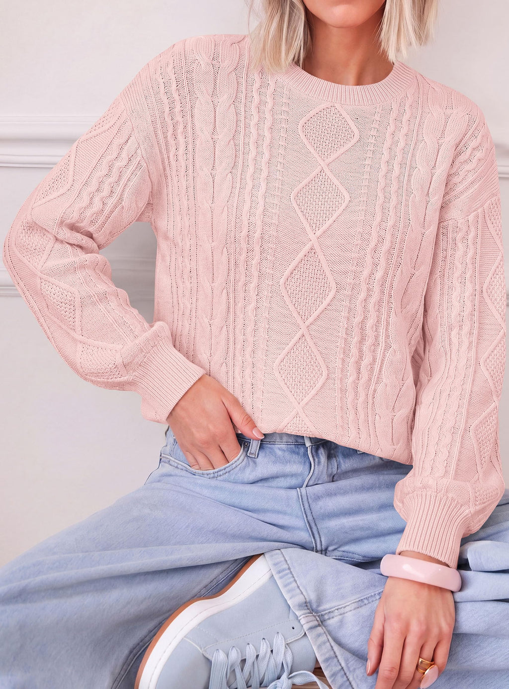 PRETTYGARDEN Women's Crewneck Cable Knit Sweater Pullover Tops Soft Luxury,Long Sleeve Sweaters,Chunky Texture,Fall Outfits,Warm Layering,Daily Wear,Work Holiday,Winter Going out Top