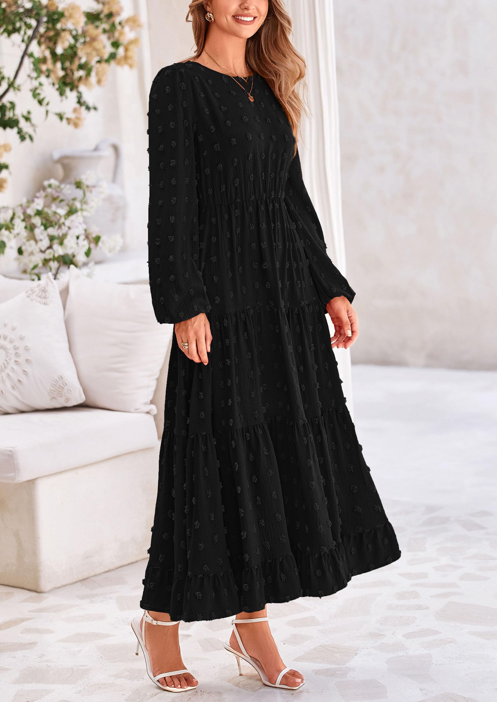 PRETTYGARDEN Women's Fall Spring Elegant Long Sleeve Maxi Dress Swiss Dot A Line Flowy Casual Holiday Party Going Out Dresses