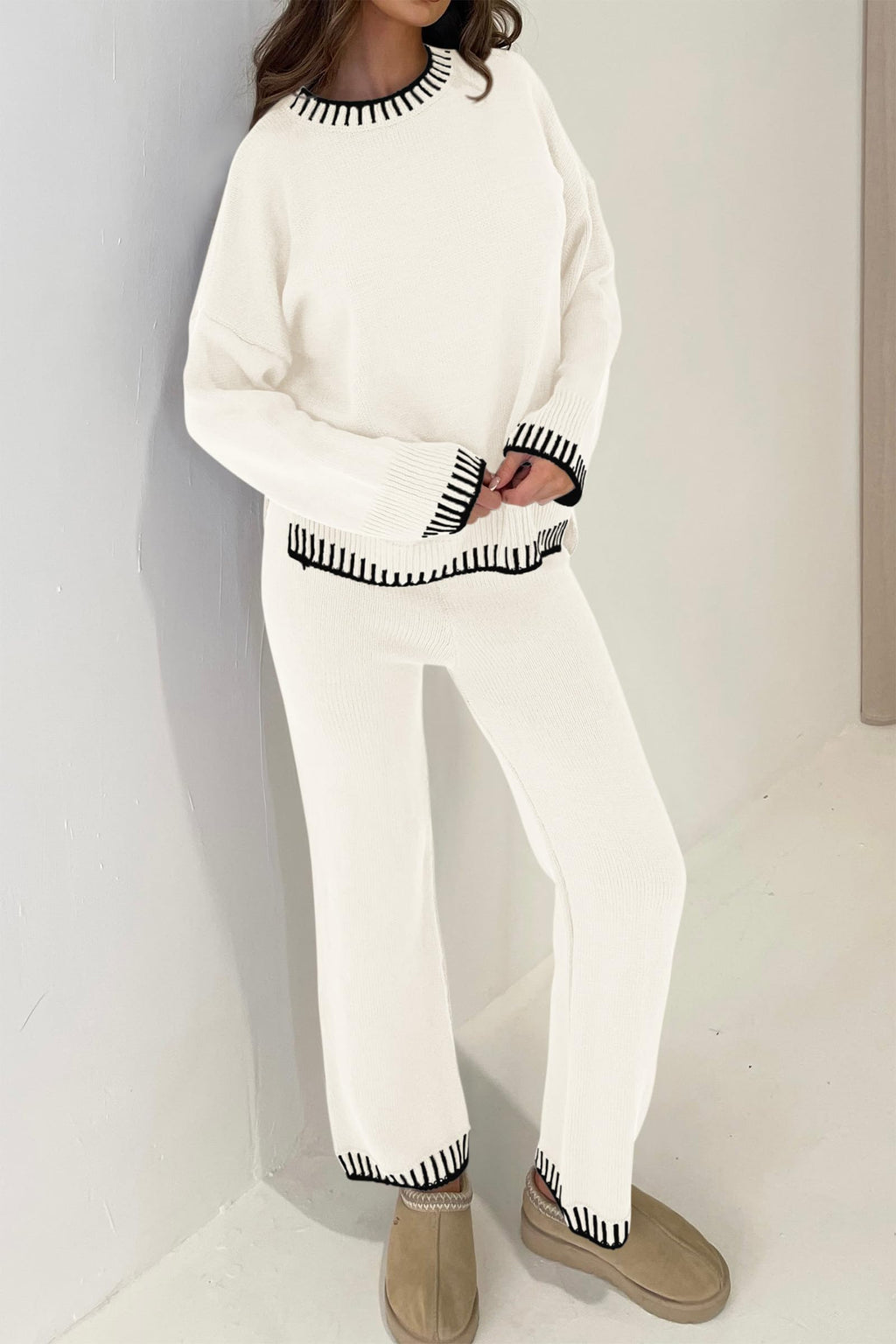 PRETTYGARDEN Women's 2 Piece Knit Sweater Outfit Casual Long Sleeve Pullover Wide Leg Pants Tracksuit Loungewear Set