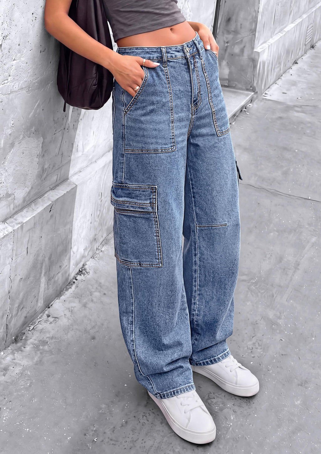 PRETTYGARDEN Barrel Pants Women Wide Leg Baggy Denim Jeans Relaxed Fit,Utility Pockets,Loose Streetwear,Boyfriend Style,Y2K Outfits,Fashion Cargo Pants,Fall Clothes