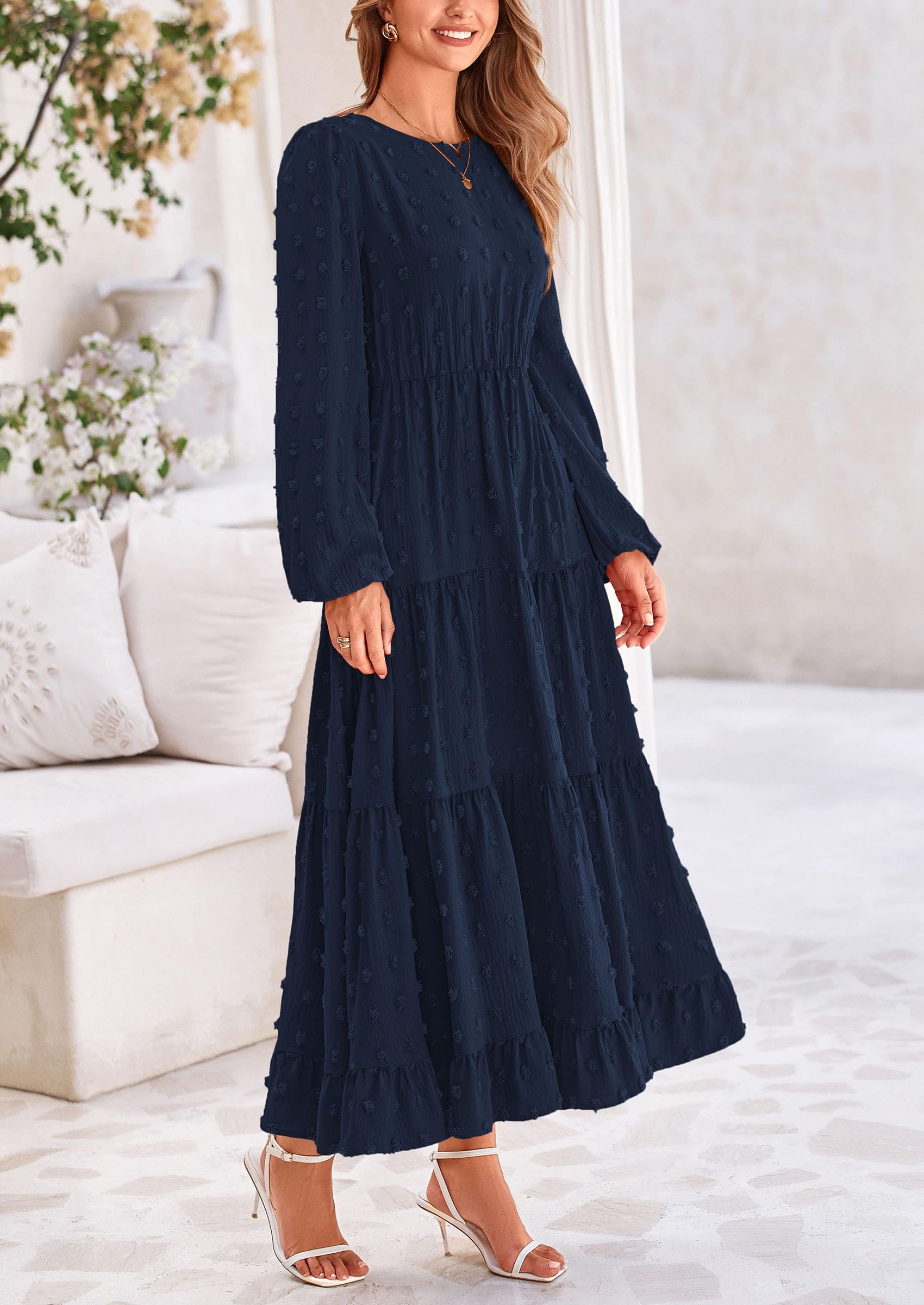 PRETTYGARDEN Women's Fall Spring Elegant Long Sleeve Maxi Dress Swiss Dot A Line Flowy Casual Holiday Party Going Out Dresses