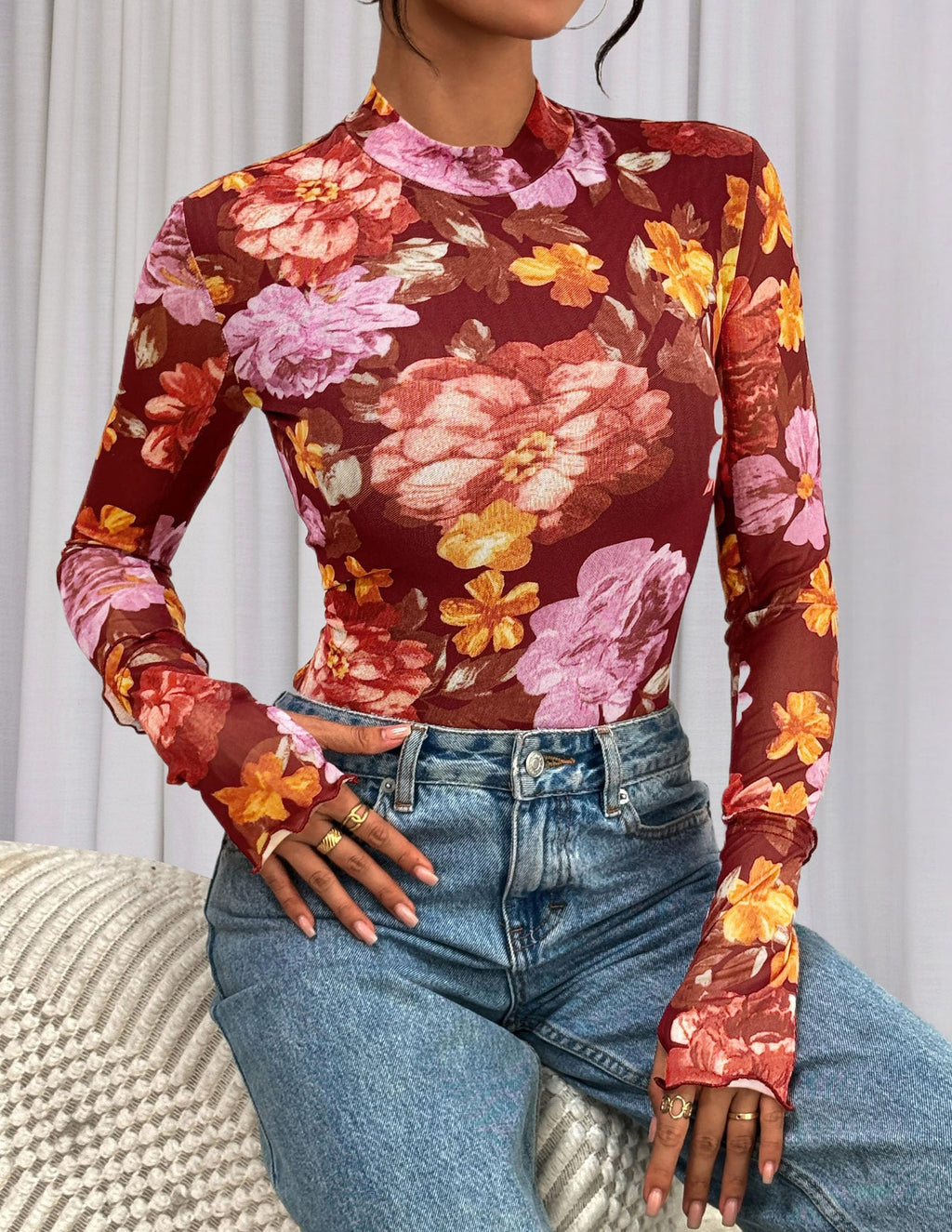 PRETTYGARDEN Womens Fall Mesh Floral Blouses Long Sleeve Going Out Tops Slim Fitted Shirts Date Night Outfits
