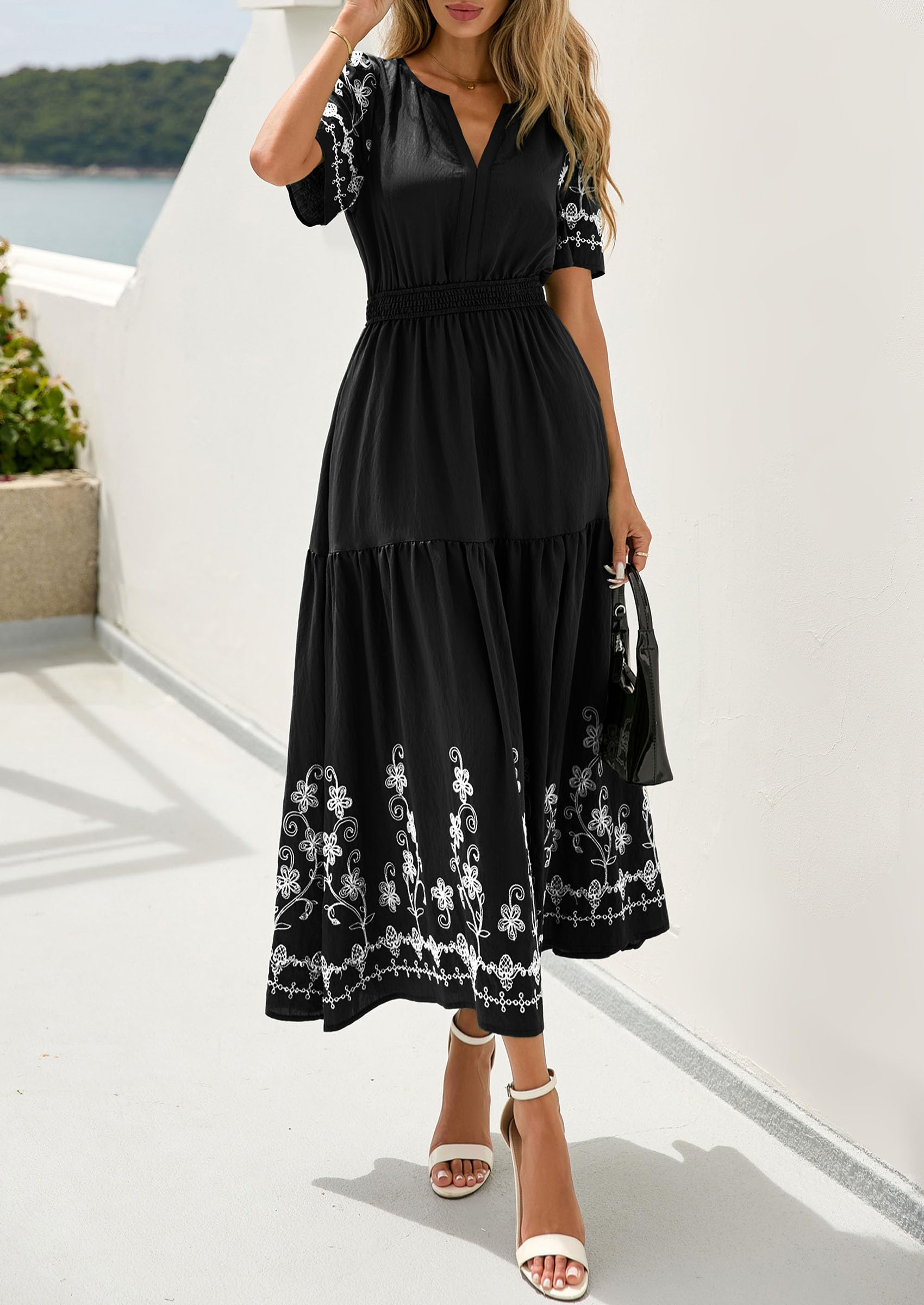 PRETTYGARDEN Women's Summer Boho Maxi Dress Spring Floral Short Sleeve V Neck A Line Flowy Beach Wedding Guest Dresses