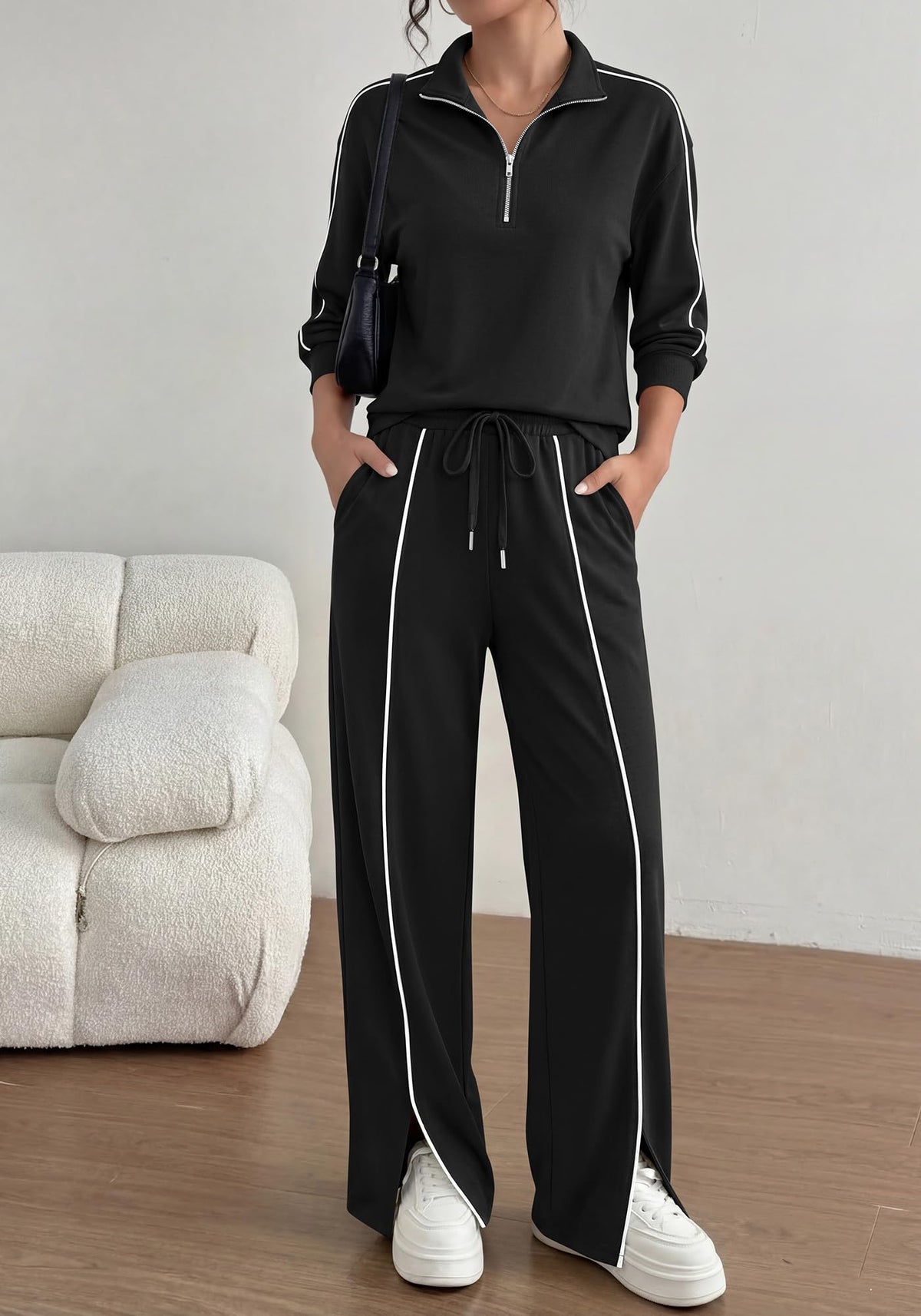 BTFBM 2 Piece Sets for Women Lounge Set Fall Outfits 2 Piece Outfits,Long Sleeve,Solid,Half Zip,Wide Leg Pants,Matching Sets Women Clothing,Tracksuits,Pants Set