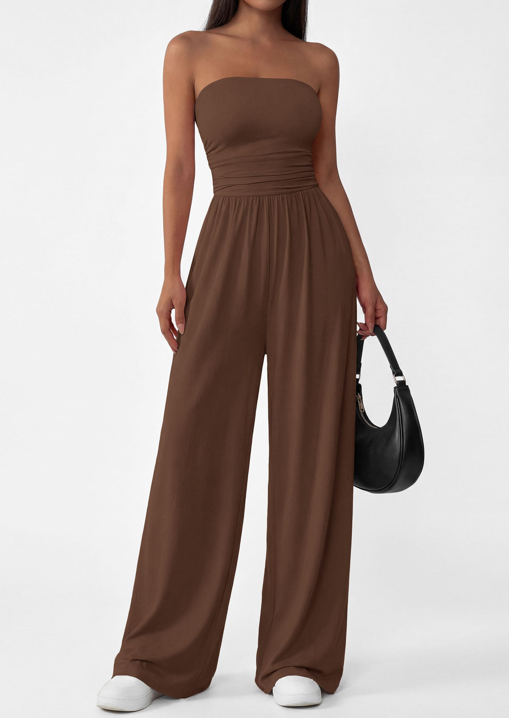 PRETTYGARDEN Womens Trendy Strapless Rompers Ruched Tube Top Wide Leg One Piece Jumpsuits Beach Vacation Summer Outfits