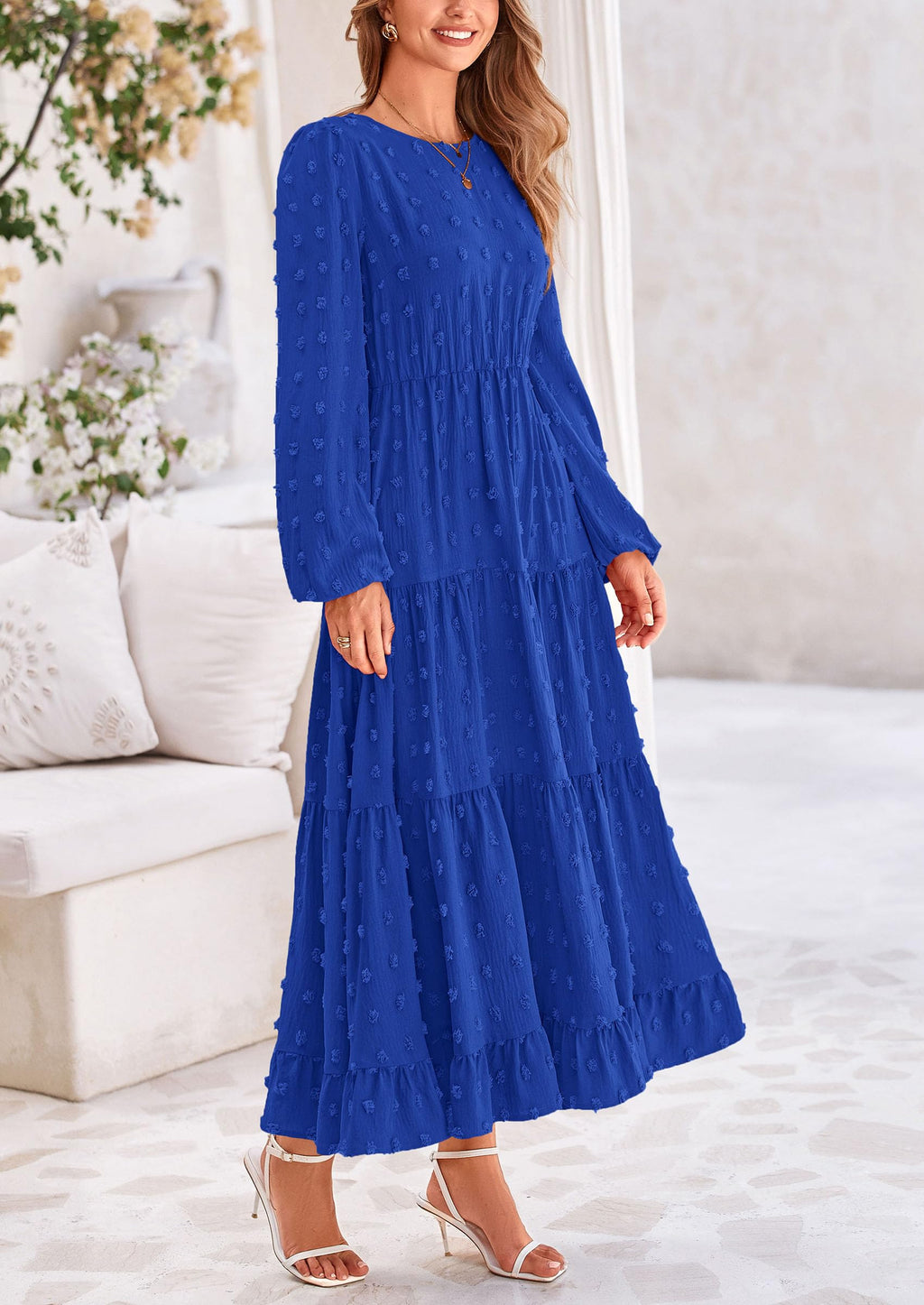 PRETTYGARDEN Women's Fall Spring Elegant Long Sleeve Maxi Dress Swiss Dot A Line Flowy Casual Holiday Party Going Out Dresses