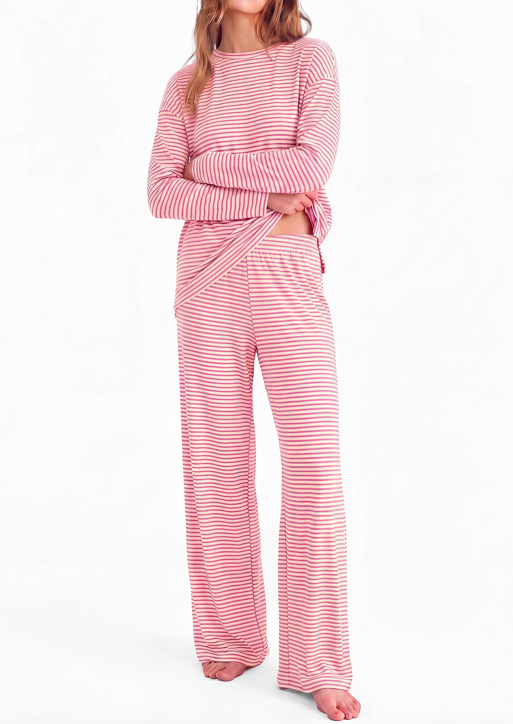 PRETTYGARDEN Womens Striped Lounge Set Fall Winter 2 Piece Sets Side Slit Long Sleeve T-Shirts & Wide Leg Pants, Matching Pajama Sets, Comfy Pj Set, Loungewear with Pockets, Fashion Clothes