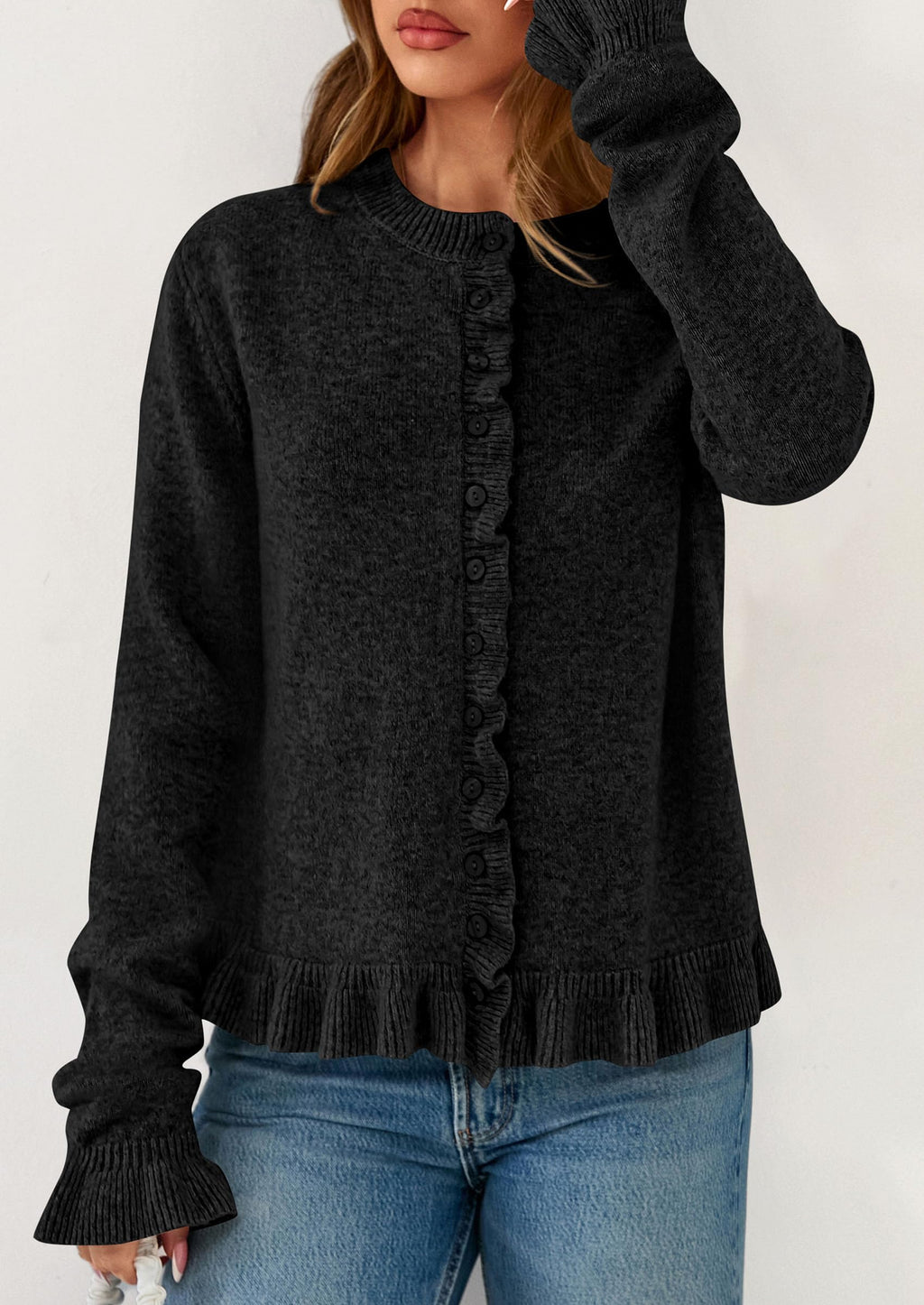 PRETTYGARDEN Womens Fall Button Down Cardigans Chunky Knit Ruffle Open Front Cropped Cardigan Sweaters Soft Long Sleeve Tops