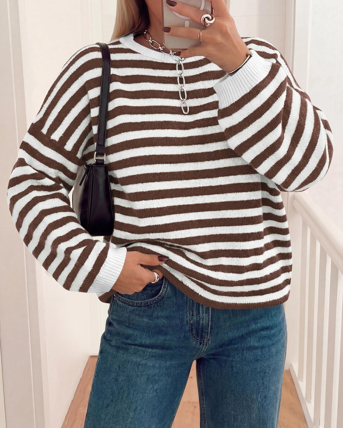 BTFBM Women's Lightweight Oversized Striped Sweater | Soft Knit Cozy Sweaters, Crew Neck Long Sleeve Pullover, y2k Color Block, Casual Holiday Outfits, Winter Fall Clothes