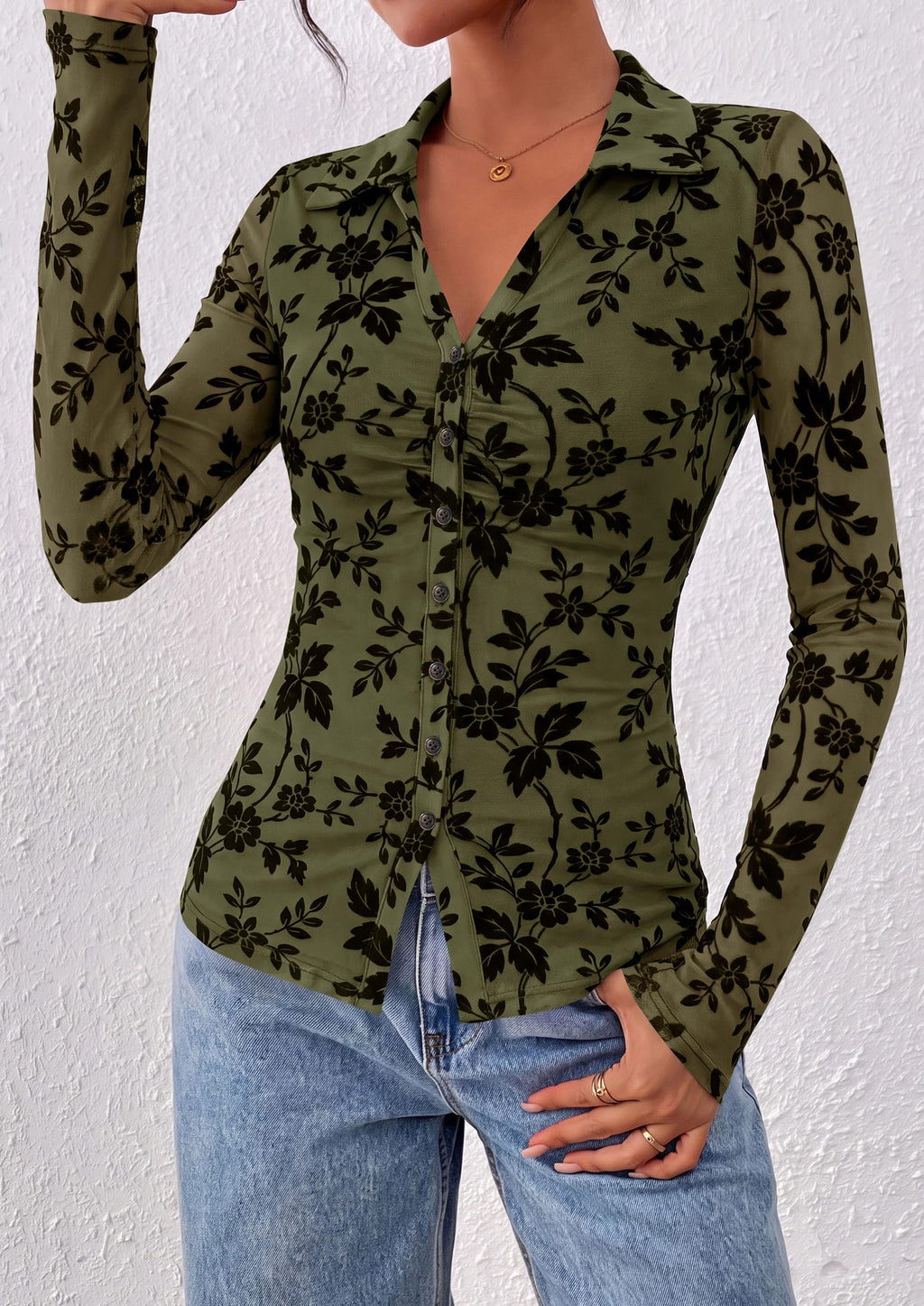 PRETTYGARDEN Women's Long Sleeve Floral Mesh Boho Tops Button Down Shirts Fall Blouses Dressy, Ruched Slim Fit, Collared V Neck, Trendy Going Out Date Night Outfit, Elegant Casual Work Office Clothes
