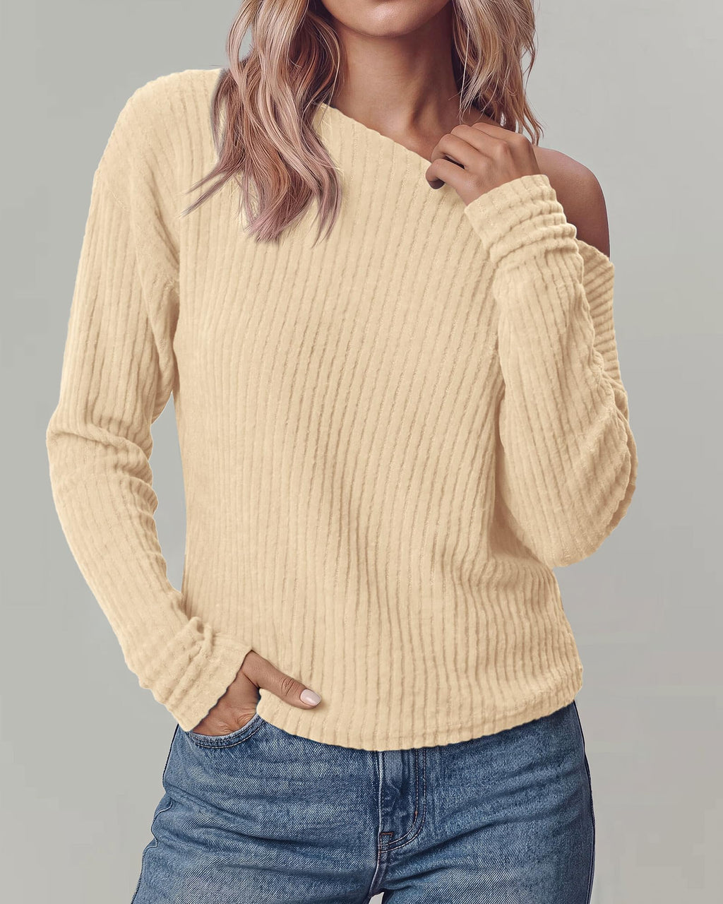 FreshPretty Womens Off The Shoulder Sweater Rib Asymmetrical Tops,Long Sleeve Knit Pullover Sweaters,Cute Fitted Y2K Jumper Top,Soft Casual Tee Shirts,Fall Fashion Going Out Outfits