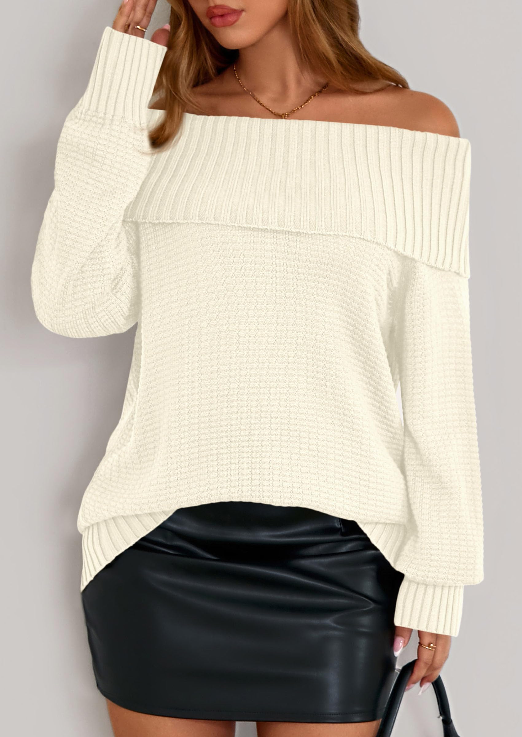 PRETTYGARDEN Womens Off The Shoulder Sweater Long Sleeve Tops Loose Knit Pullover Sweaters Fashion Fall Clothes