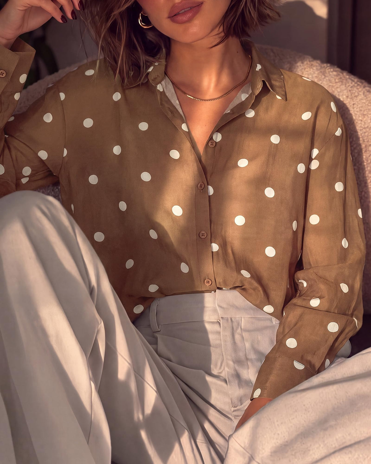 BTFBM Womens Blouses Dressy Casual Floral Long Sleeve Shirts Polka Dot Tops Classic Lapel Collar,Button Cuffs,V Neck Button Down Shirt,Business Casual Outfits,Early Fall Fashion Clothing Trendy