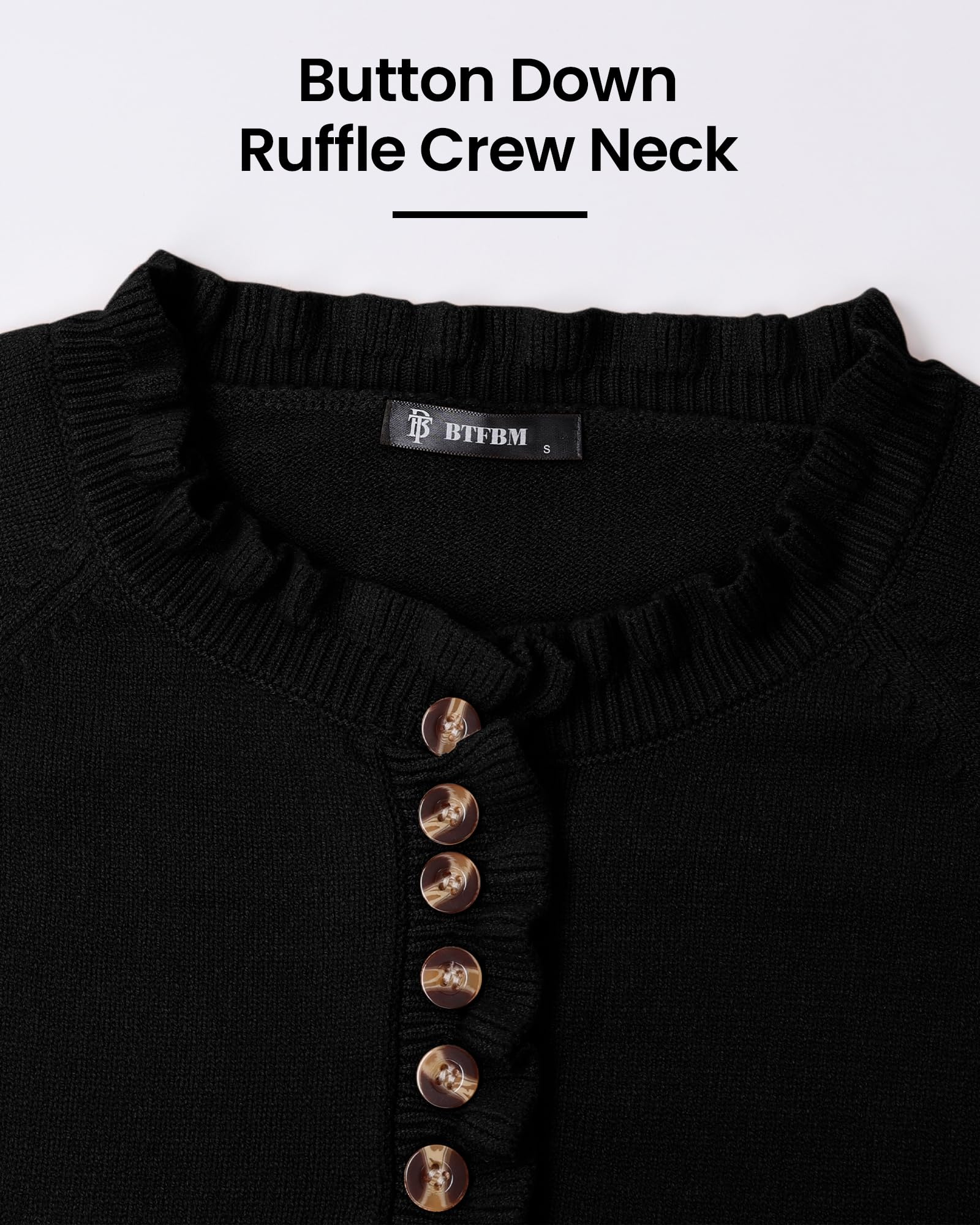 FreshPretty Womens Sweaters Fall Winter Clothes Long Sleeve Button Down Ruffle Crew Neck Casual Knitted Pullover Tops