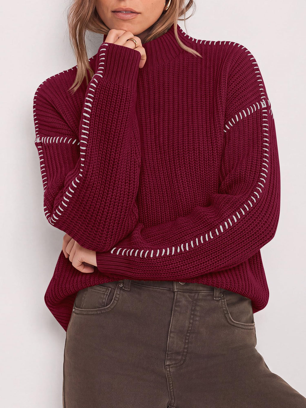 "BTFBM Womens Oversized Sweaters Contrast Chunky Knit Sweater Loose Fit Mock Neck Long Sleeve Tops, Soft Cozy Knitwear, Fall Fashion 2026, Casual Winter Clothing, Daily Going Out Outfits"
