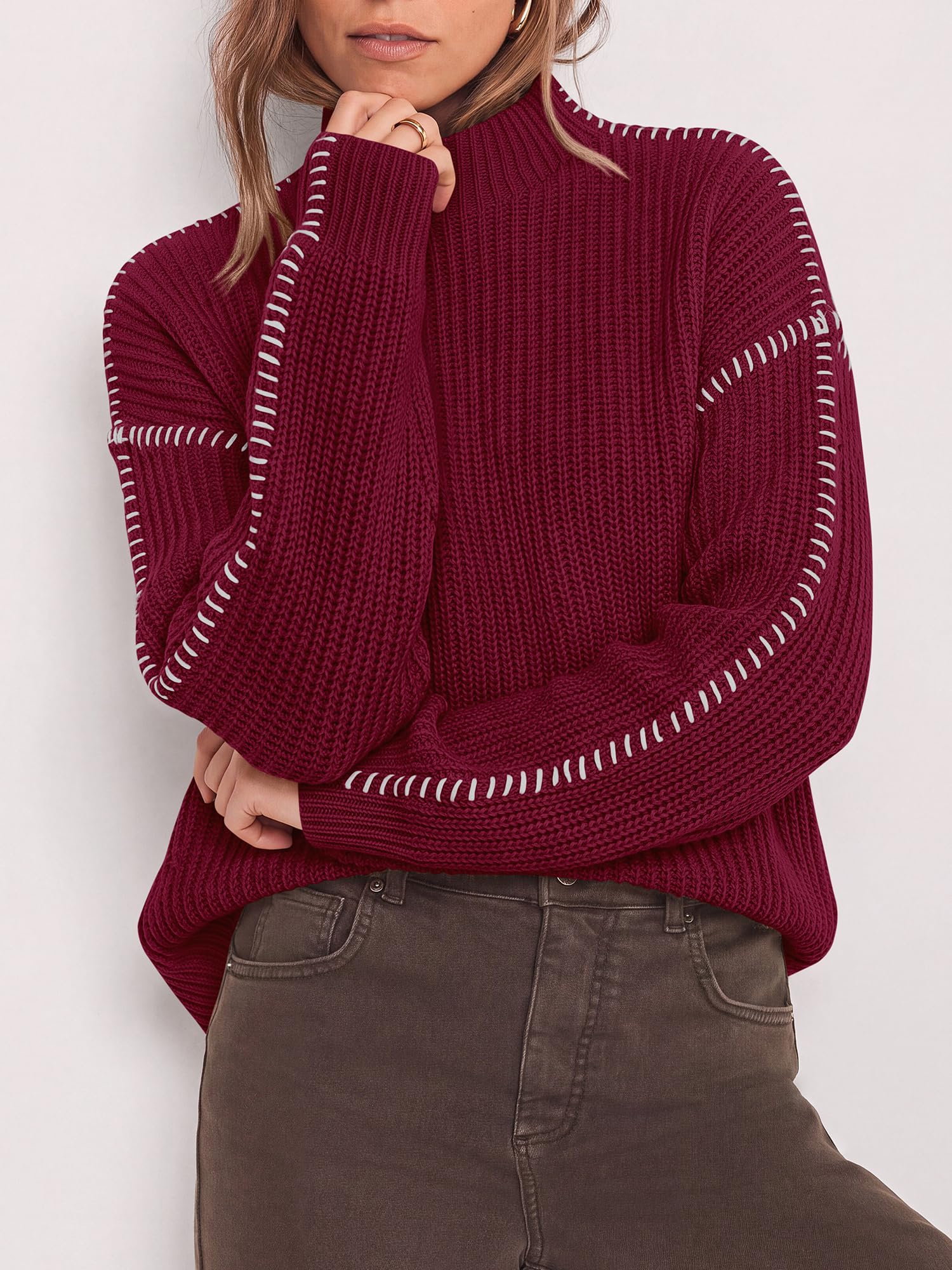 "BTFBM Womens Oversized Sweaters Contrast Chunky Knit Sweater Loose Fit Mock Neck Long Sleeve Tops, Soft Cozy Knitwear, Fall Fashion 2026, Casual Winter Clothing, Daily Going Out Outfits"