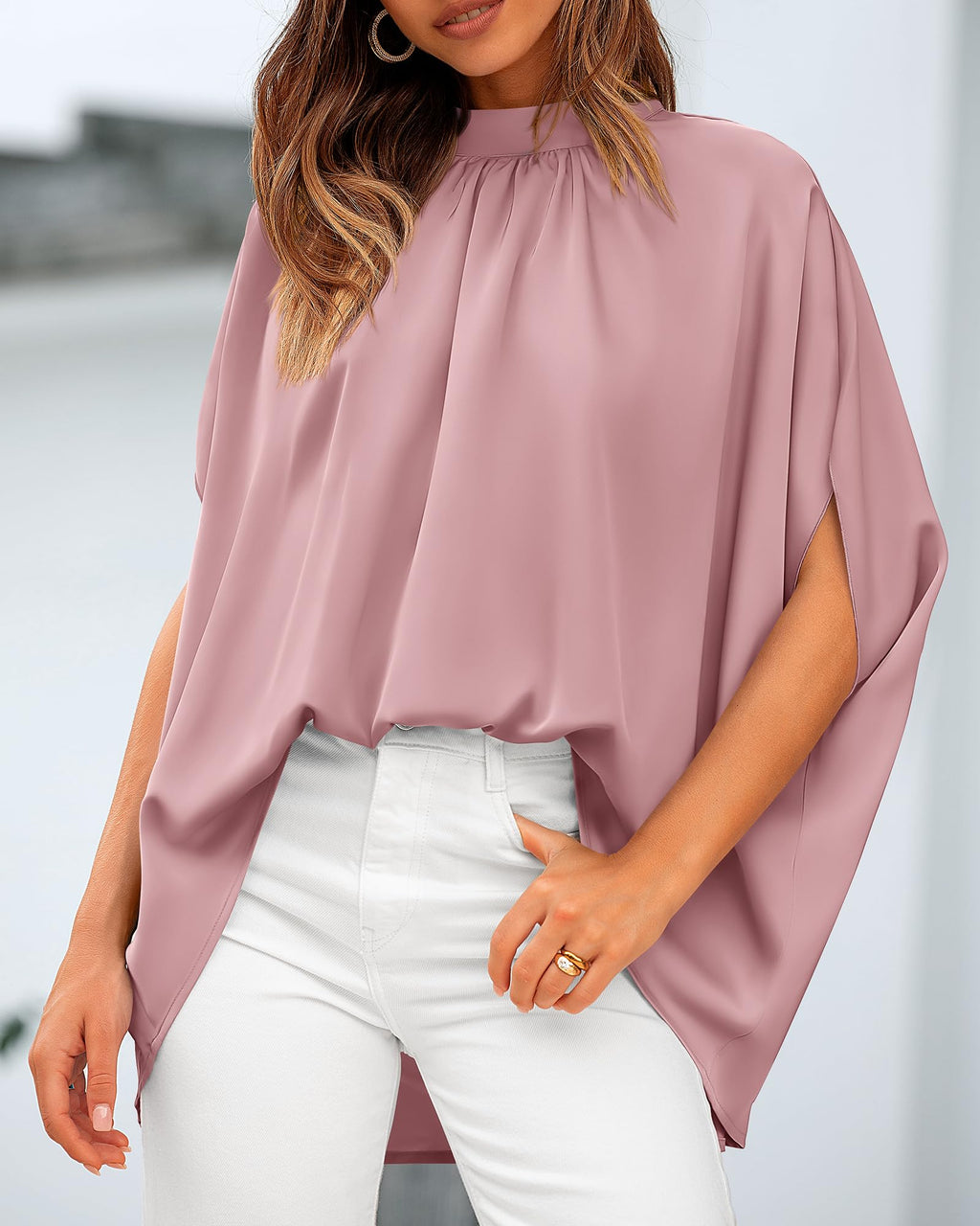 BTFBM Womens Summer Tops Mock Neck Batwing Sleeve Silk Satin Shirts Loose Oversized Dressy Casual Spring Blouses