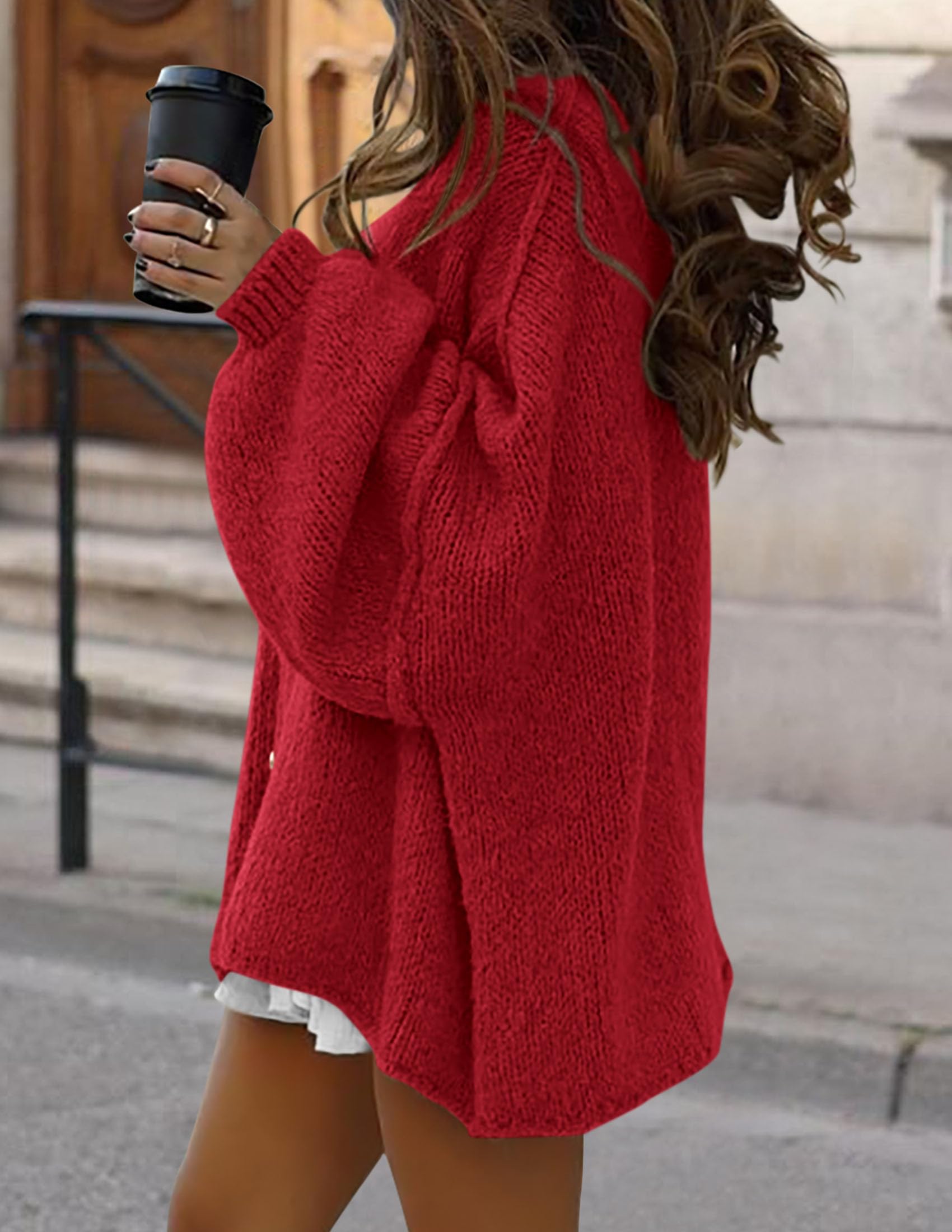 PRETTYGARDEN Women's Winter Button Down Cardigan Sweaters Mock Neck Lantern Long Sleeve Chunky Knit Jacket Trendy Outerwear