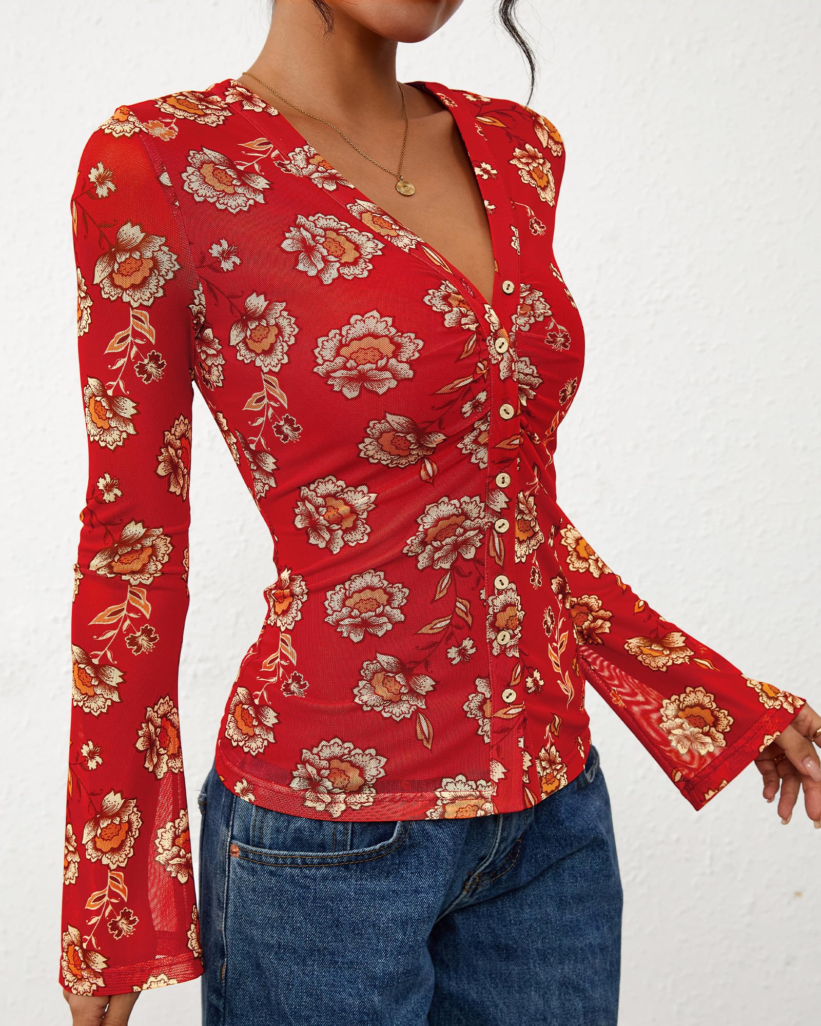 FreshPretty Button Down Shirts for Women Fall Fashion V Neck Long Sleeve Blouse Ruched Mesh Fitted Floral Print Boho Tops
