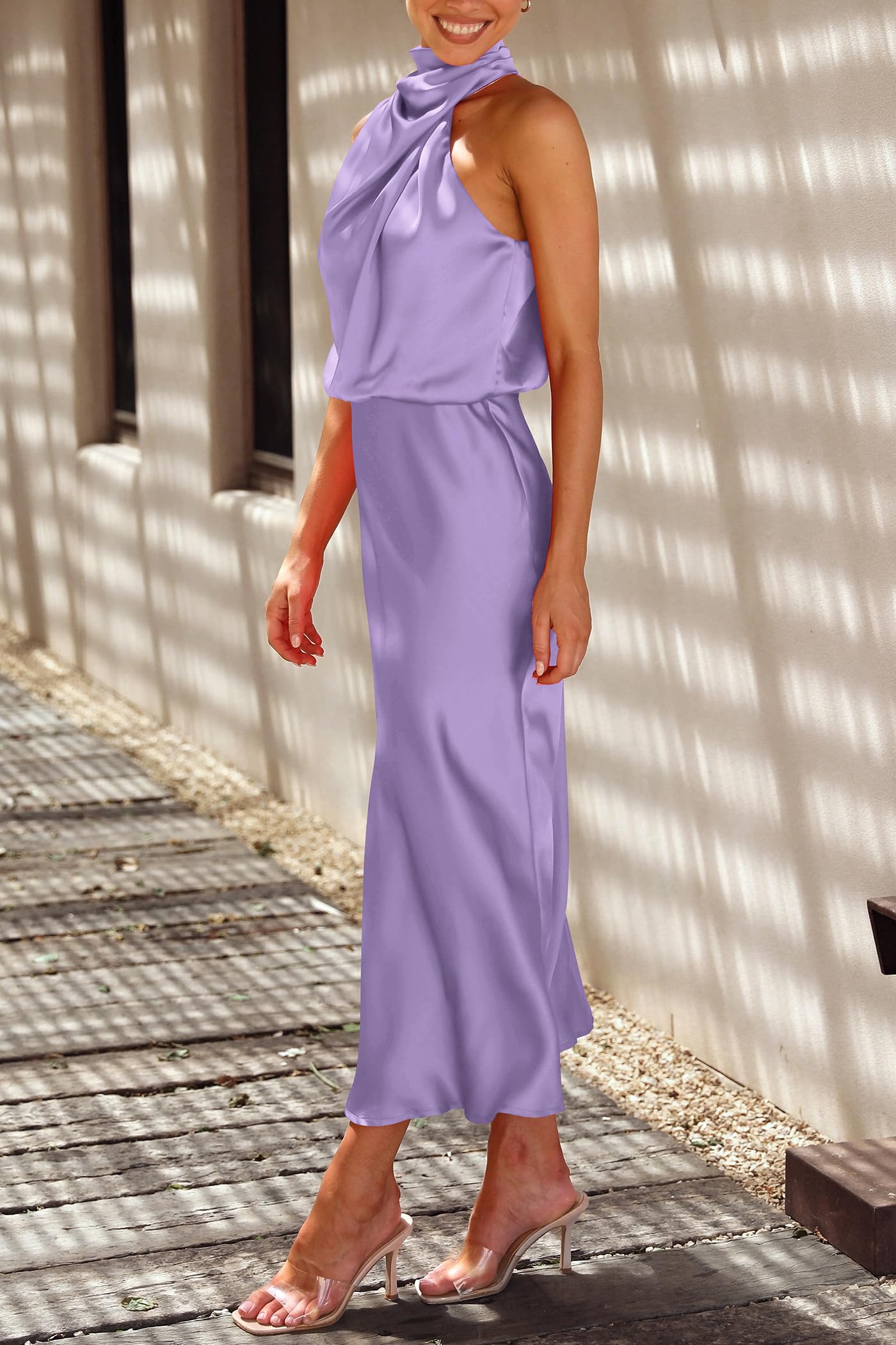 PRETTYGARDEN Women's Summer Satin Dress Elegant Sleeveless Mock Neck Cocktail Party Maxi Dresses